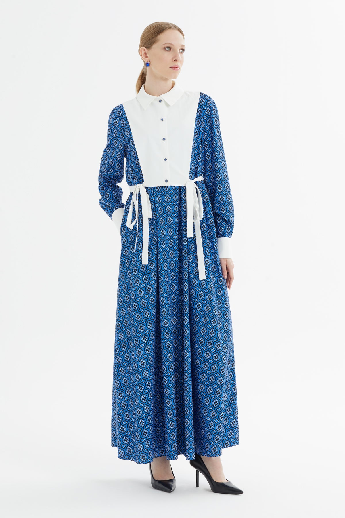 Printed Long Dress with Bow-Tie