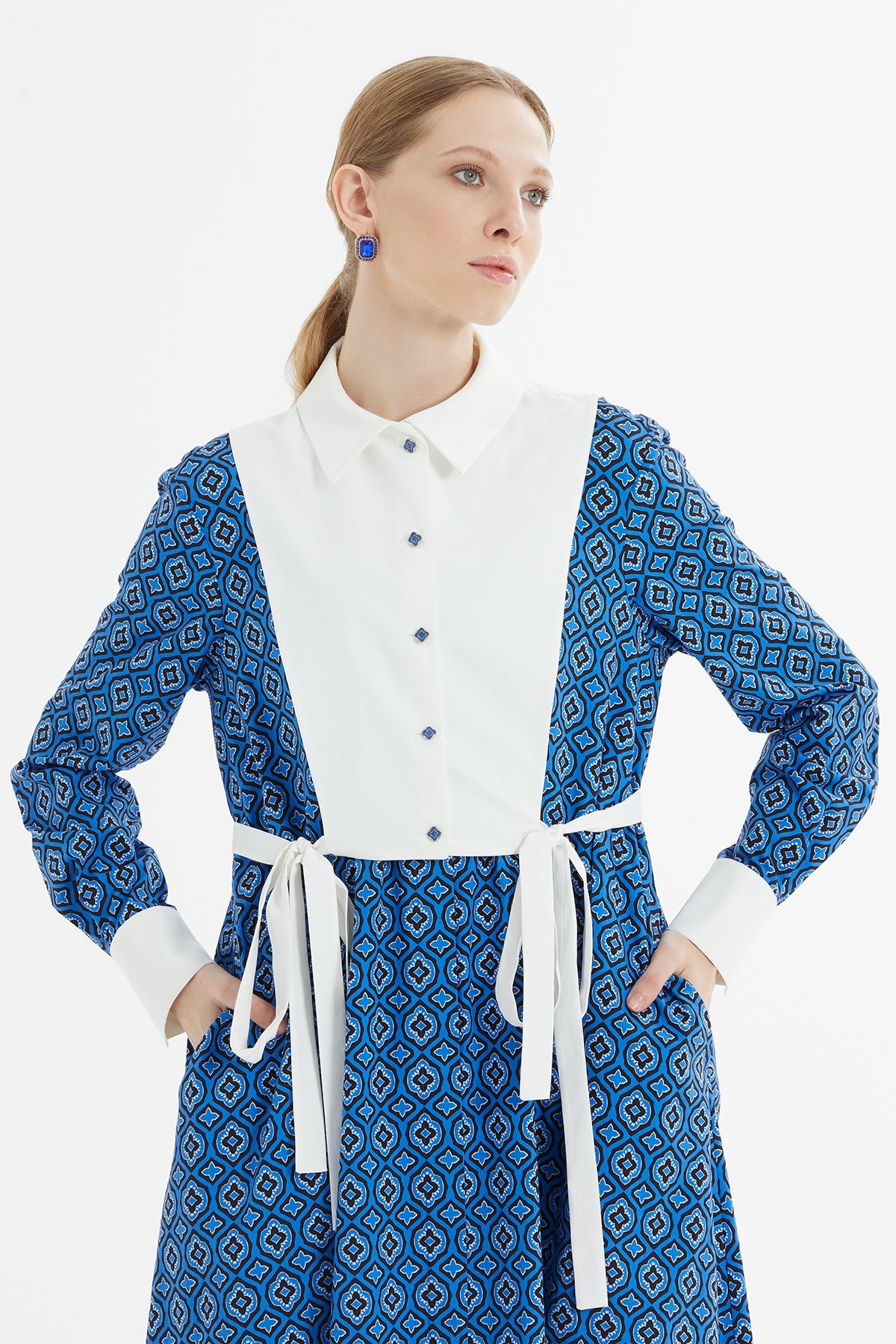 Printed Long Dress with Bow-Tie