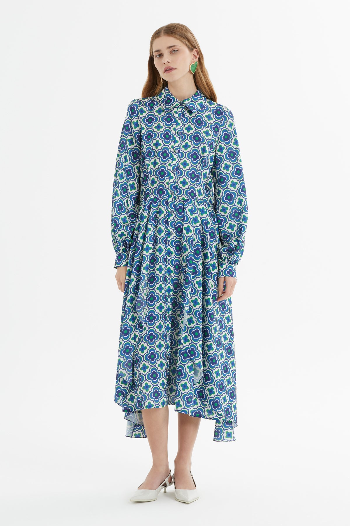 Printed Asymmetrical Buttoned Long Dress