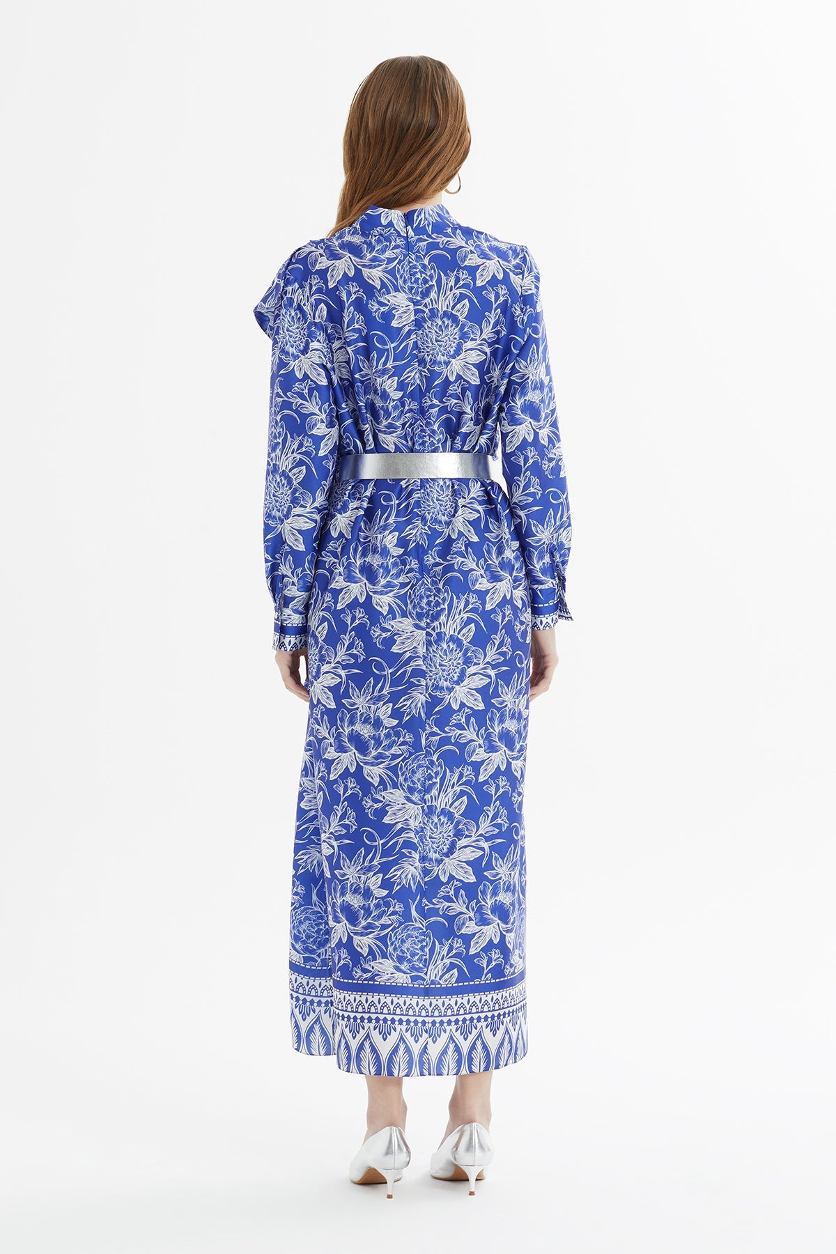 Printed Belted Maxi Dress with Ruffle