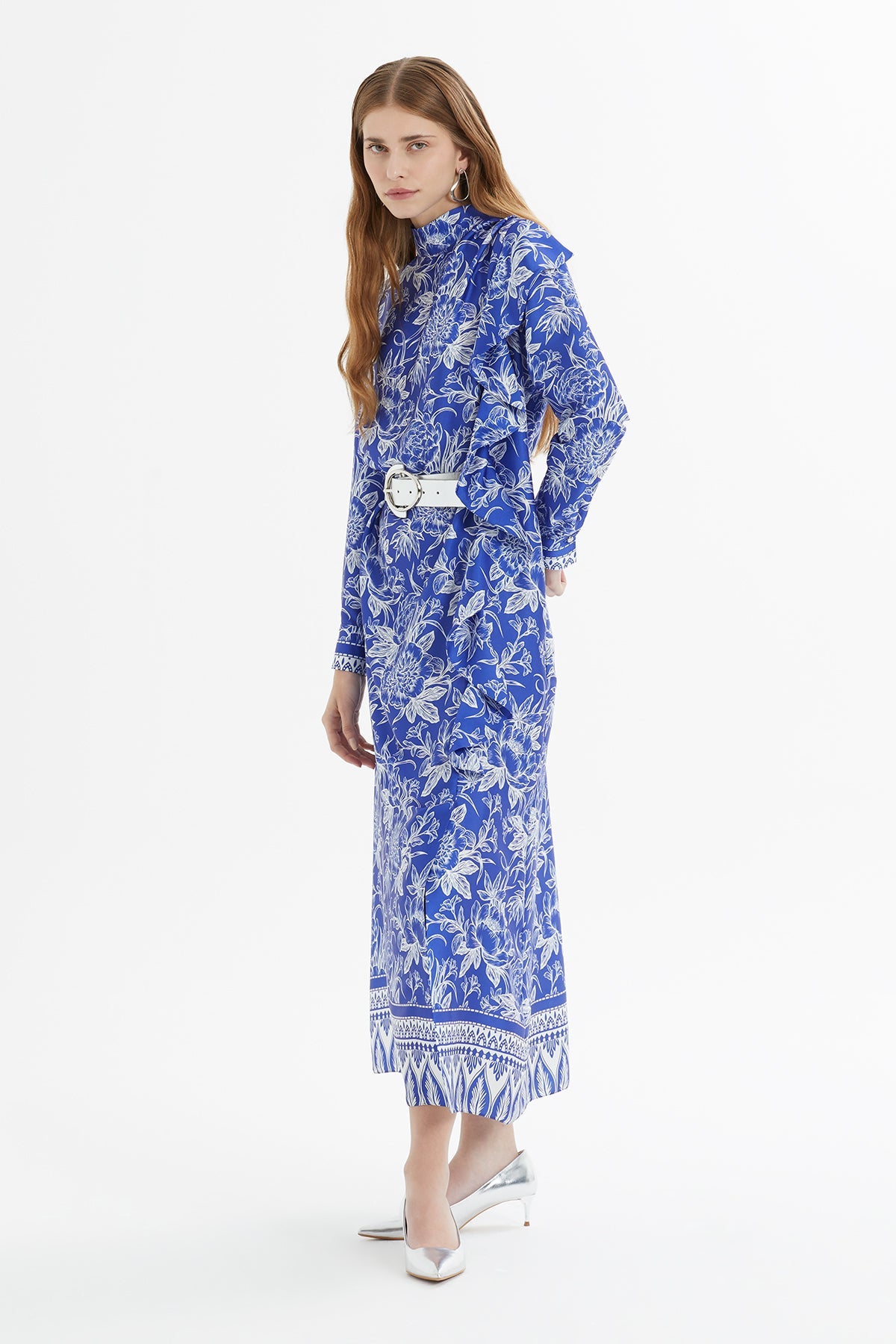 Printed Belted Maxi Dress with Ruffle