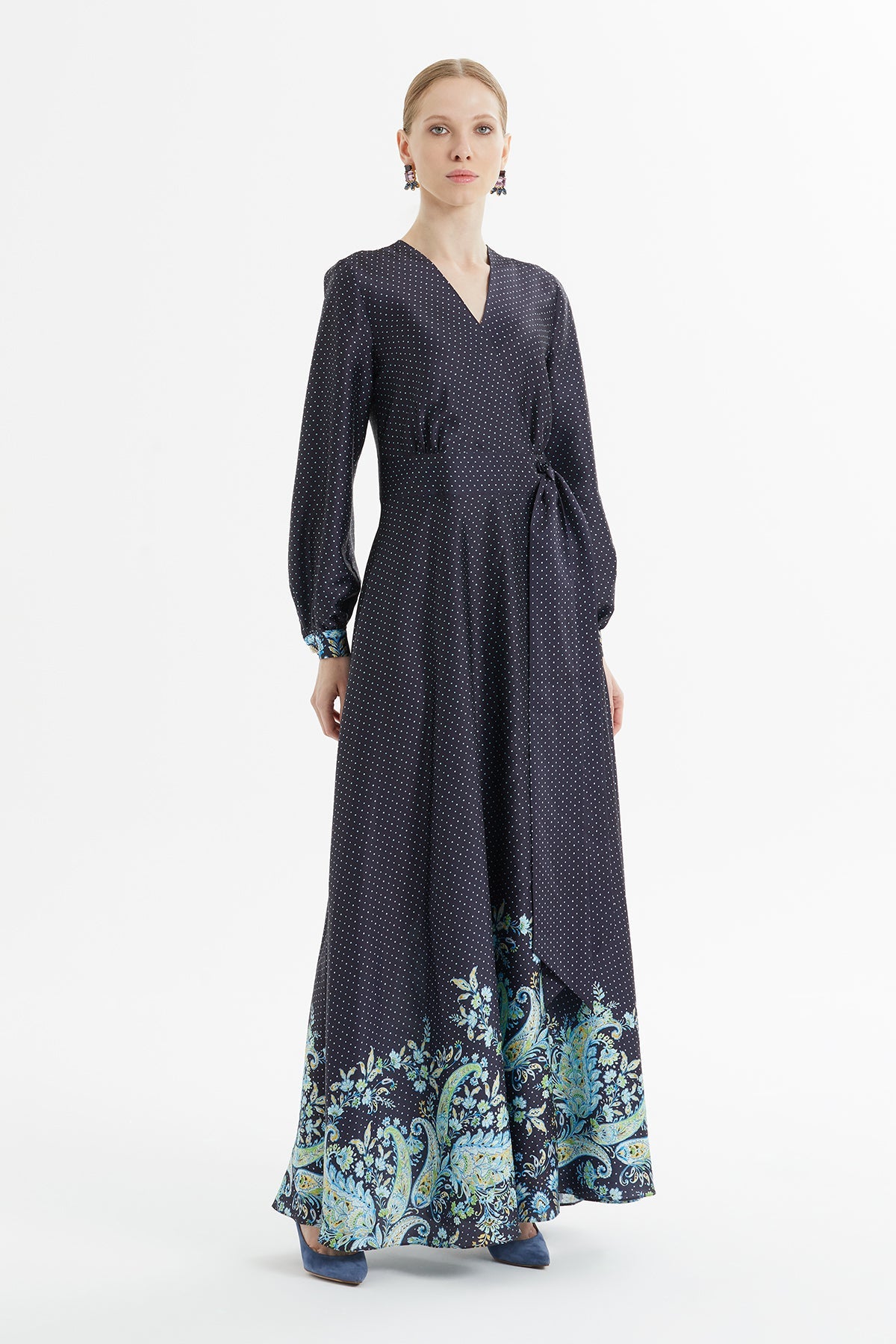 Navy Polka-Dot Long Belted Dress