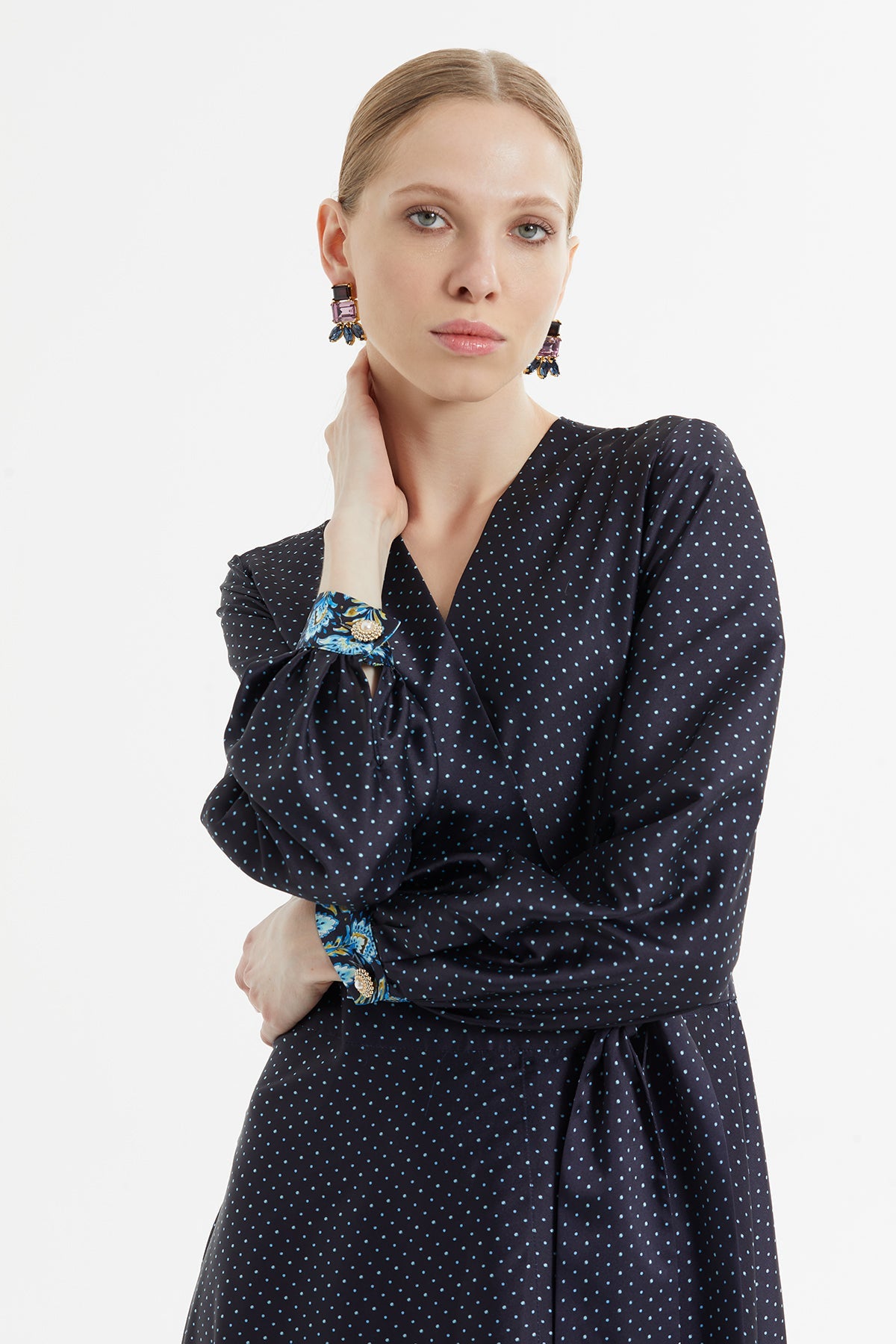 Navy Polka-Dot Long Belted Dress