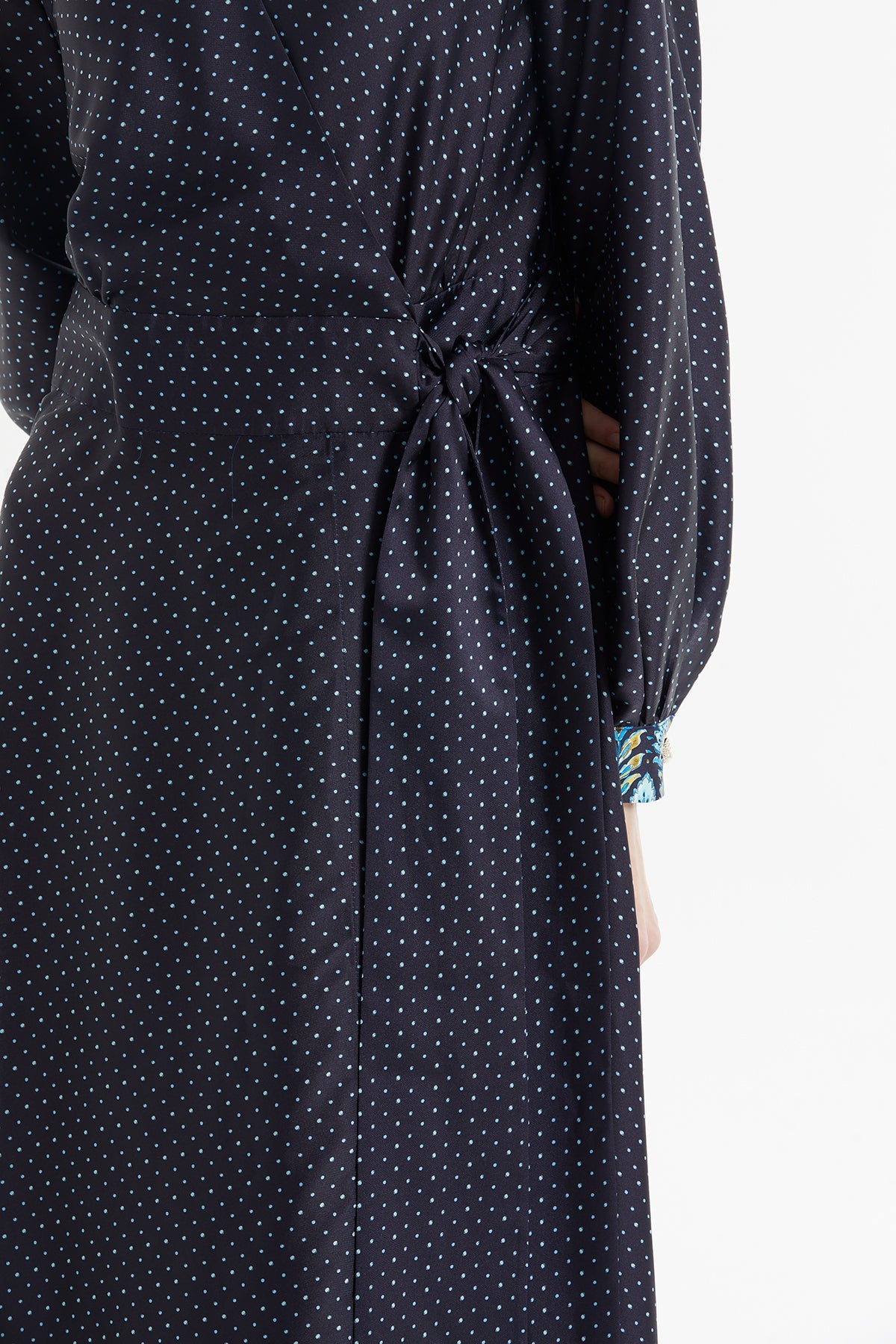 Navy Polka-Dot Long Belted Dress