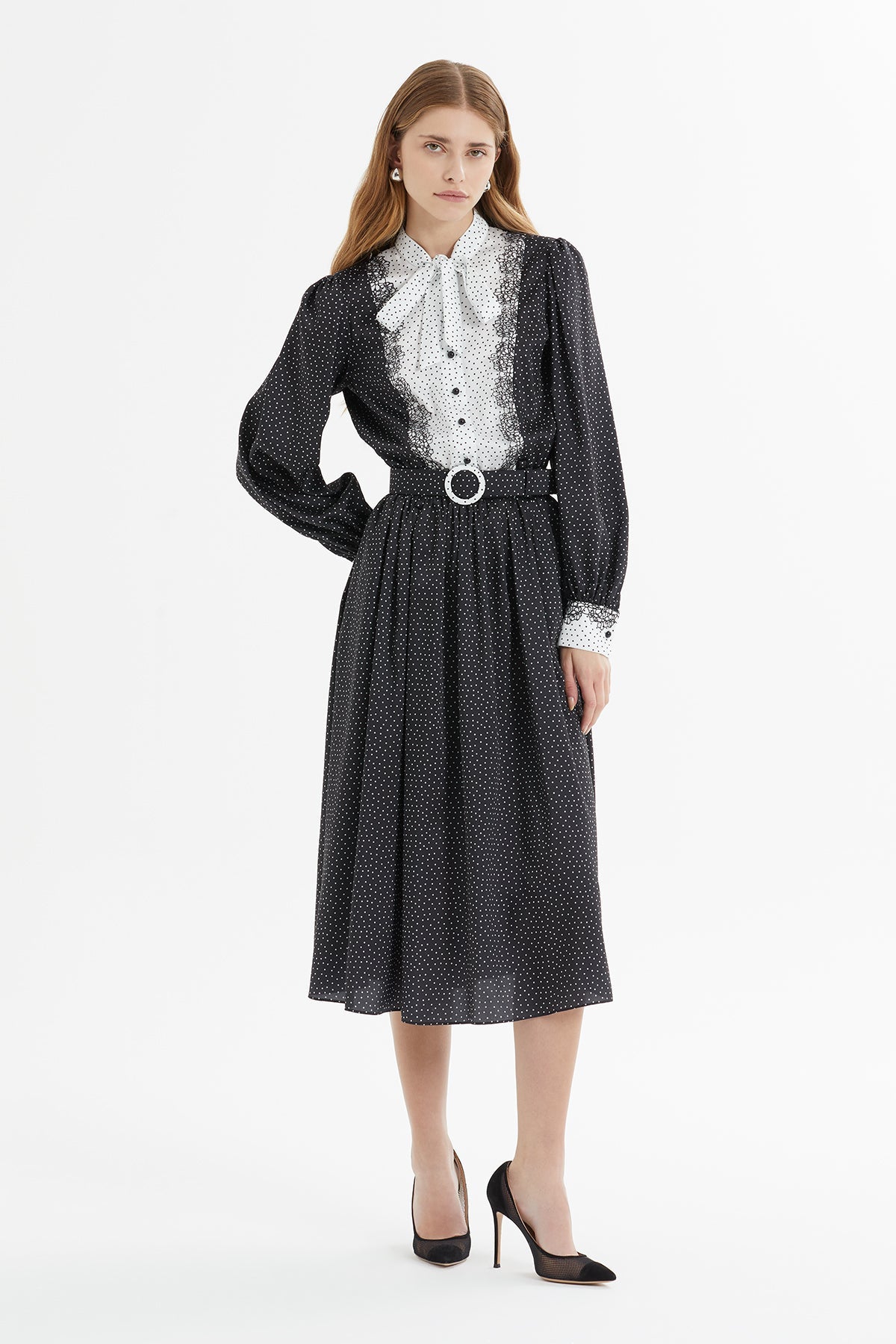 Black Polka-Dot Midi Dress