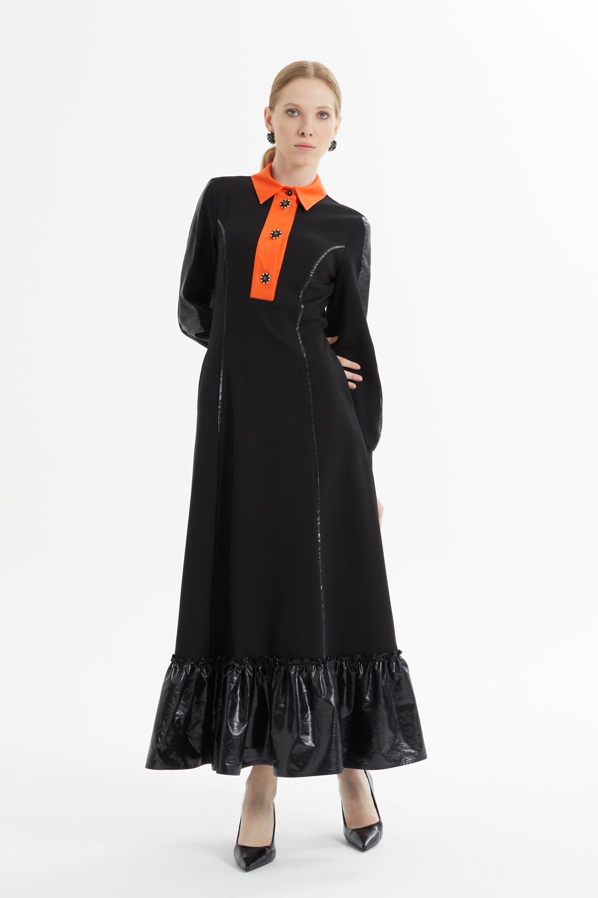 Black Maxi Dress with Orange Collar