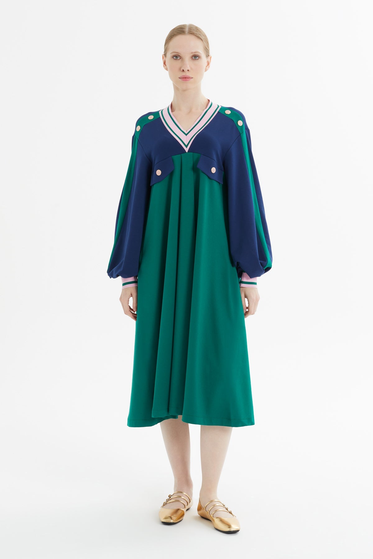 Green V-Neck Midi Dress