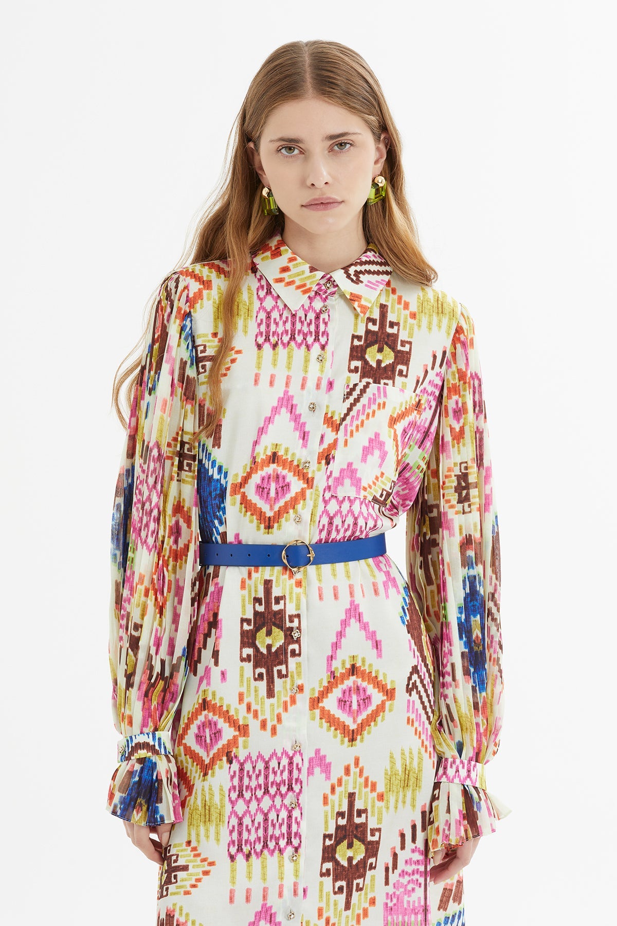 Printed Belted Midi Shirt Dress