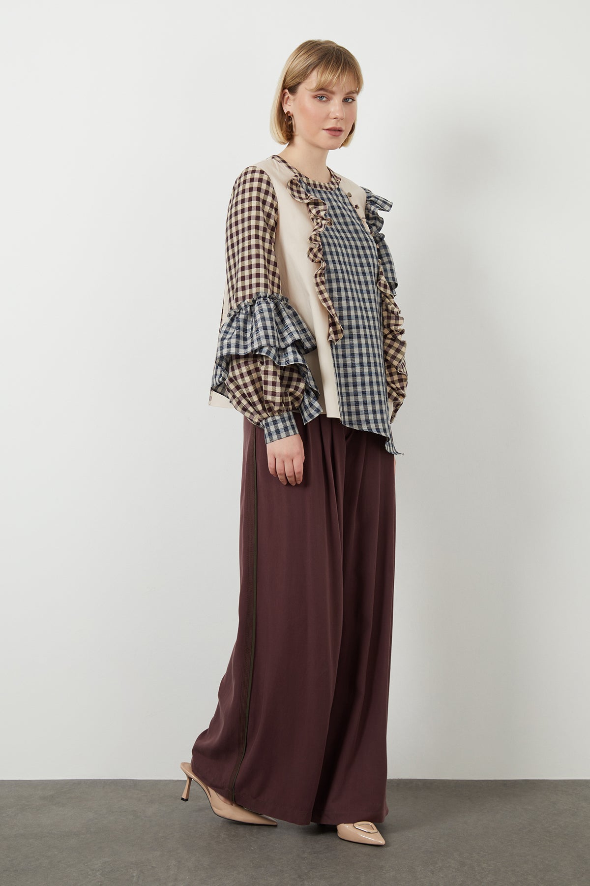 Beige Ruffled Checkered Asymmetric Blouse