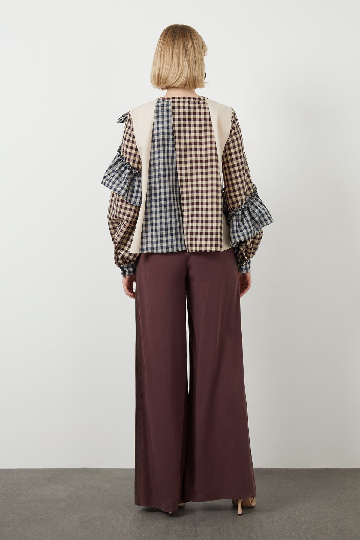 Beige Ruffled Checkered Asymmetric Blouse