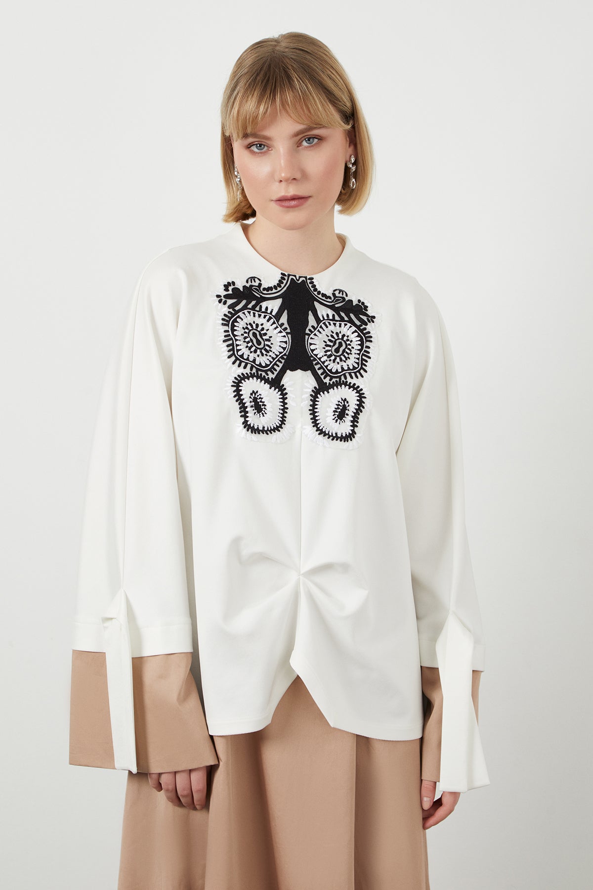 Beige Embroidered Midi Dress