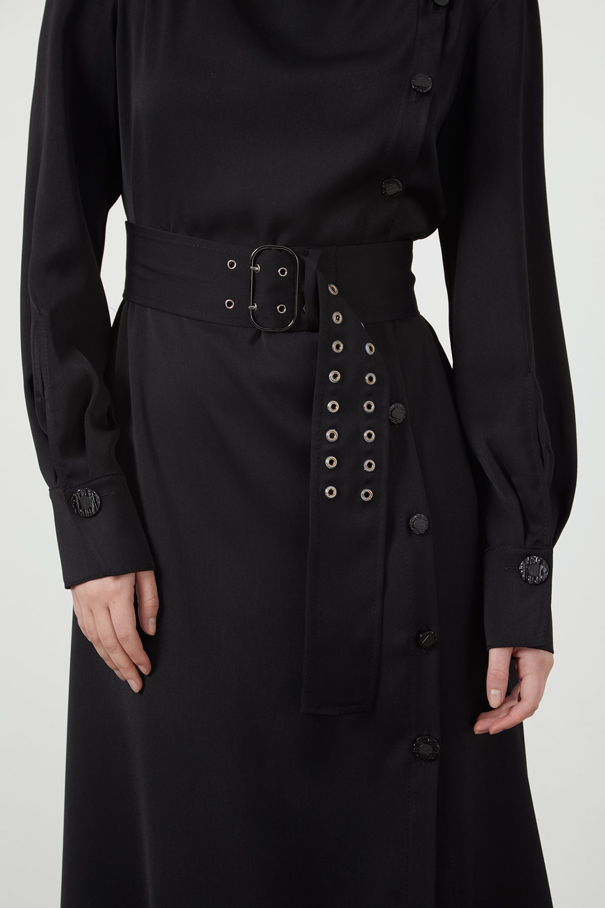 Black Sash-Detail Slit Midi Dress