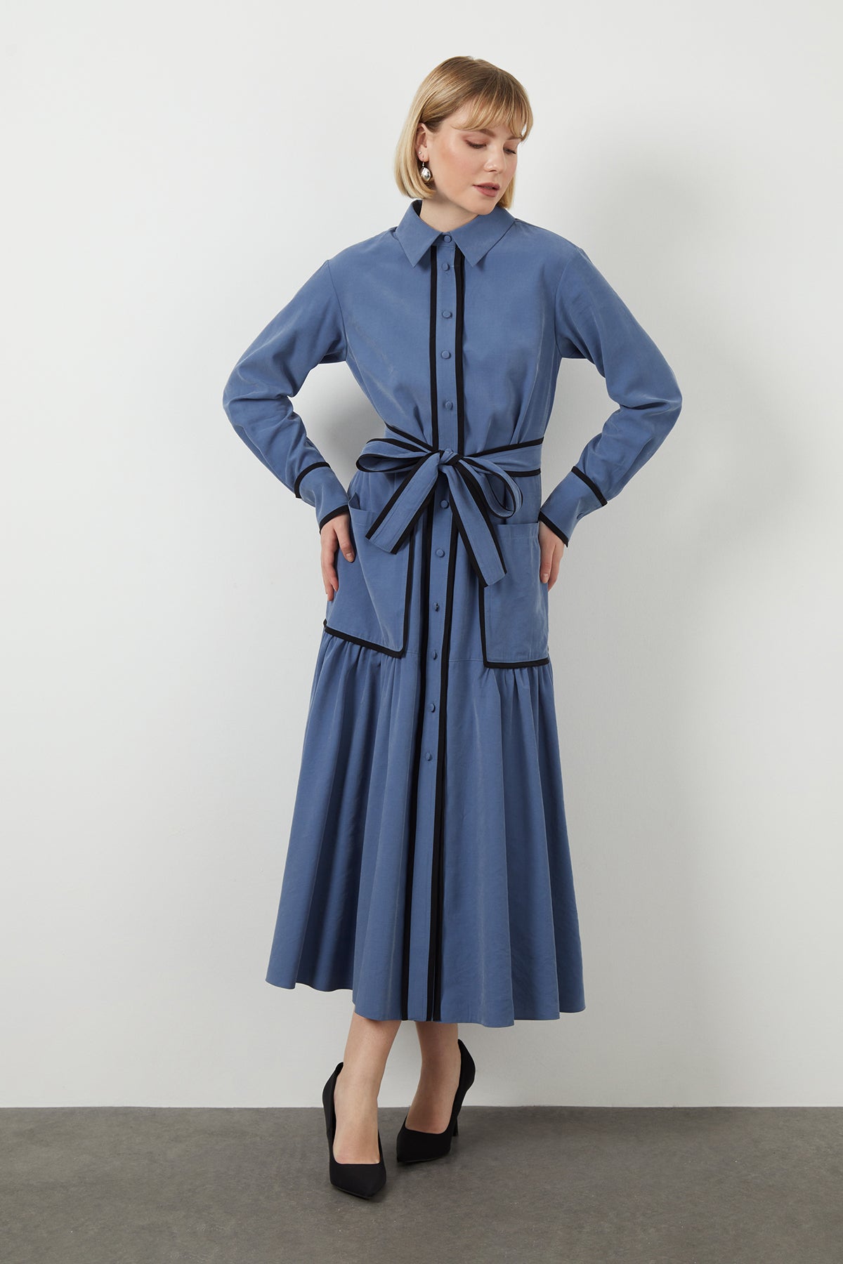 Blue Sash-Detail Pocketed Midi Dress