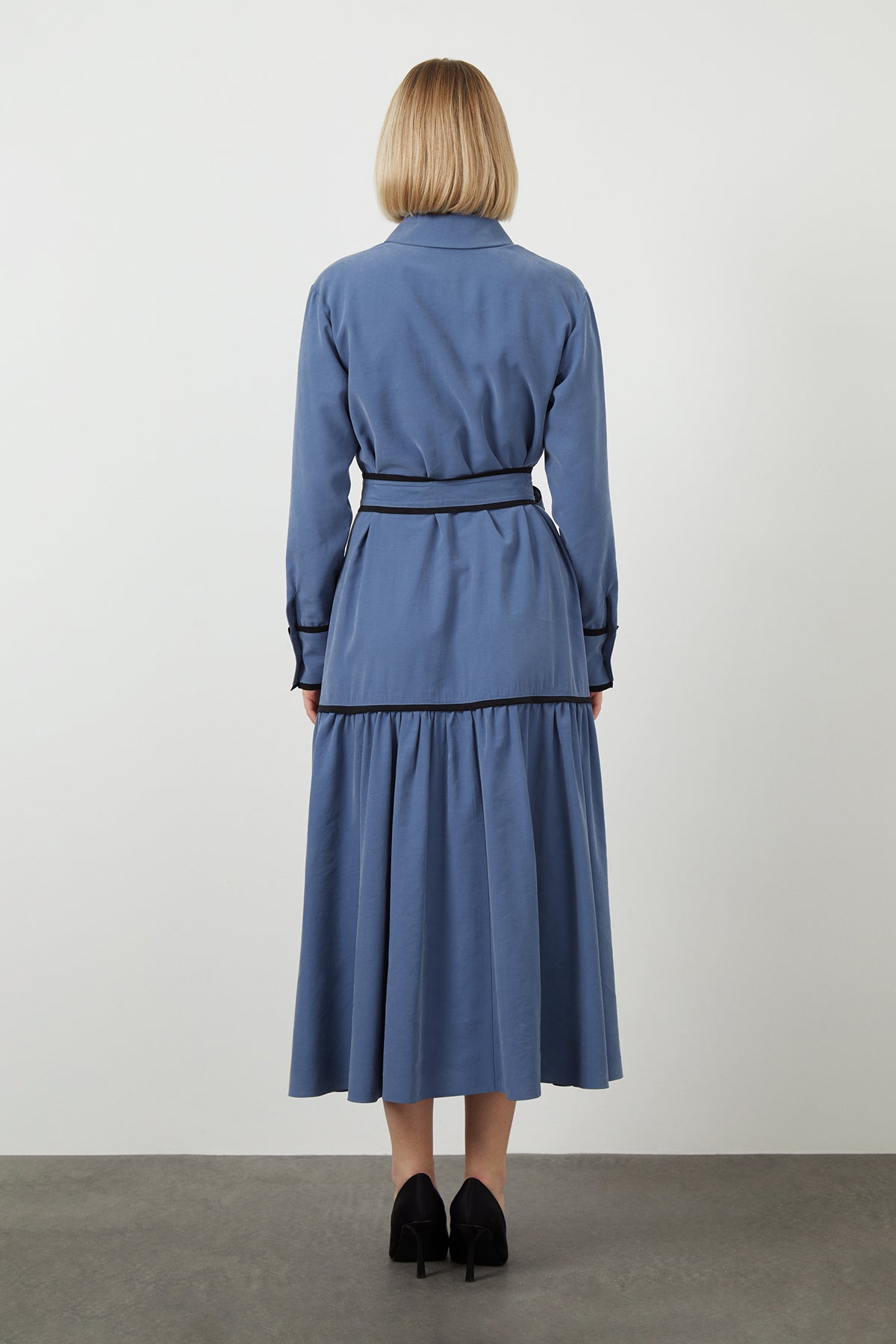 Blue Sash-Detail Pocketed Midi Dress