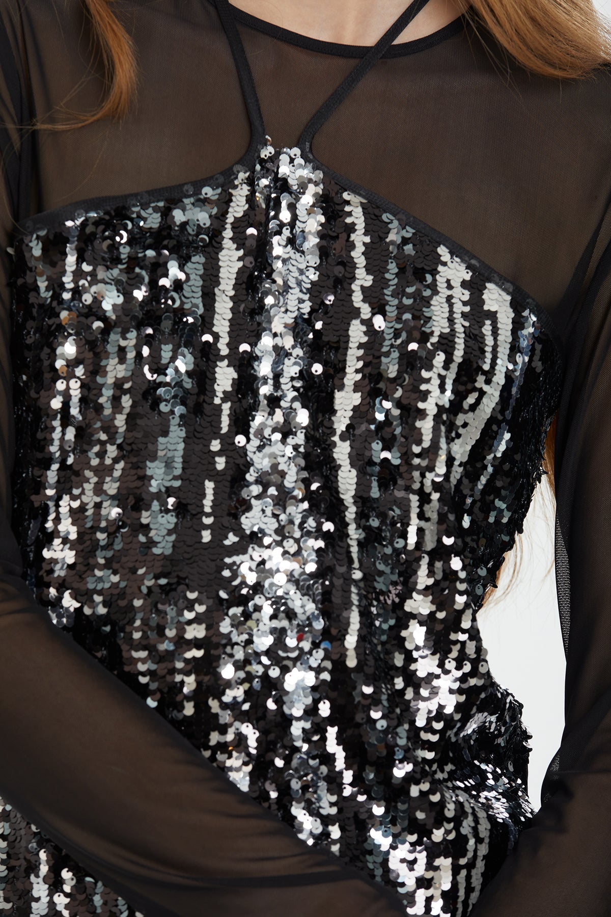 Black Tulle Detail Shimmer Sequin Blouse