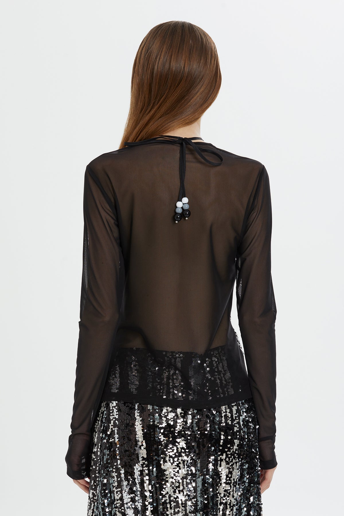 Black Tulle Detail Shimmer Sequin Blouse
