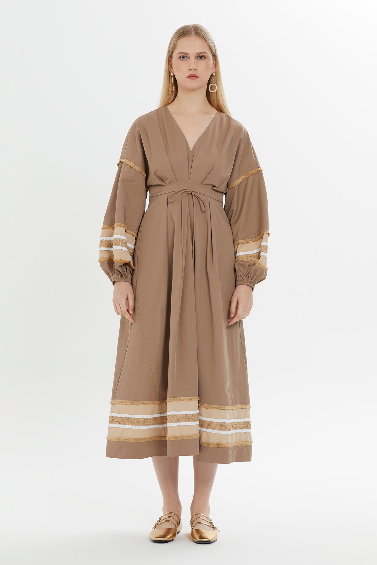 Brown Gathered-Sleeve Midi Dress