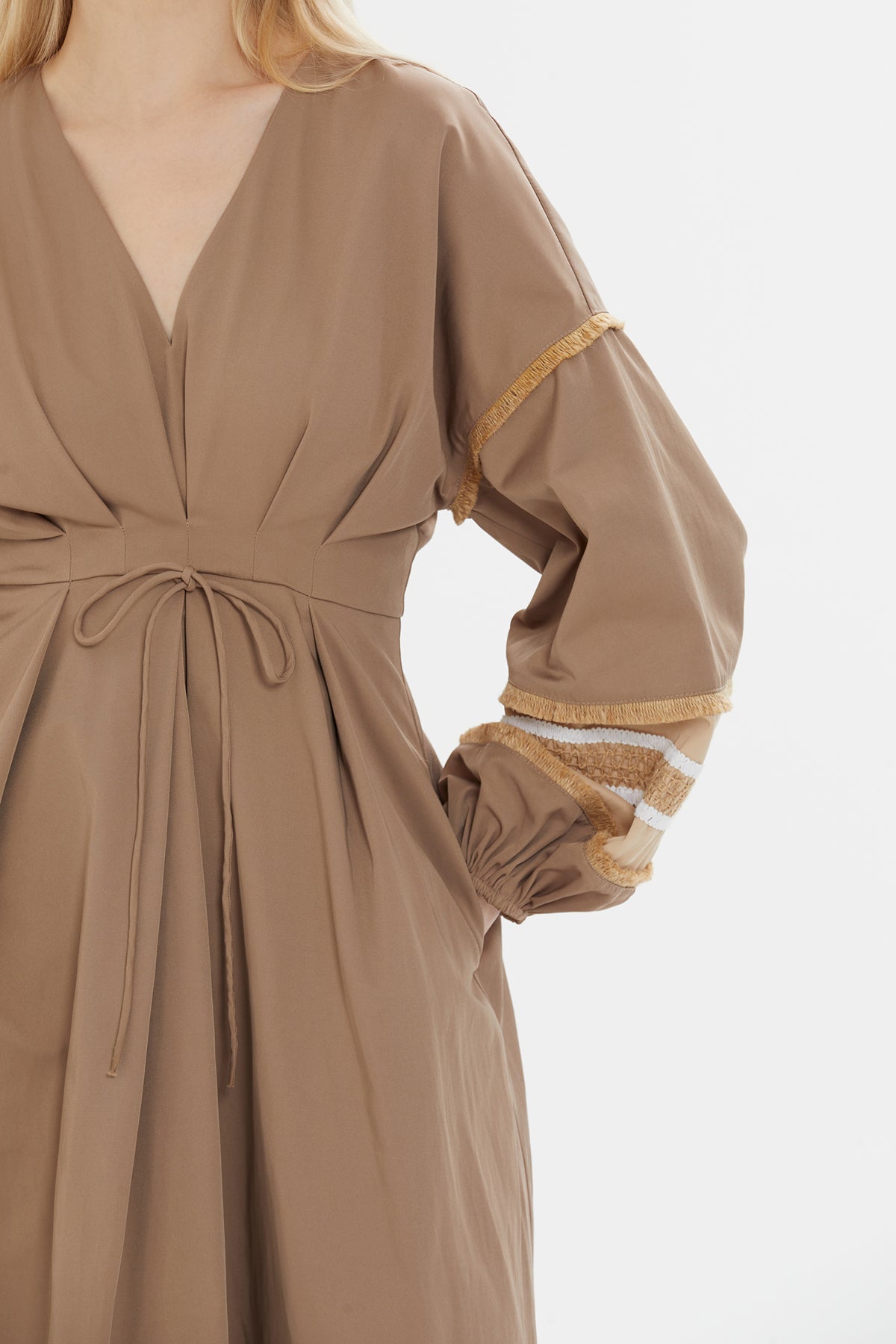 Brown Gathered-Sleeve Midi Dress