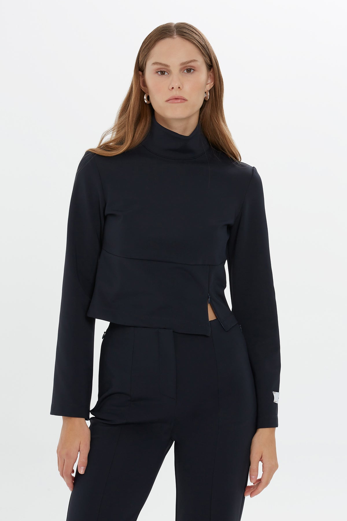 Navy Asymmetric High-Neck Crop Top