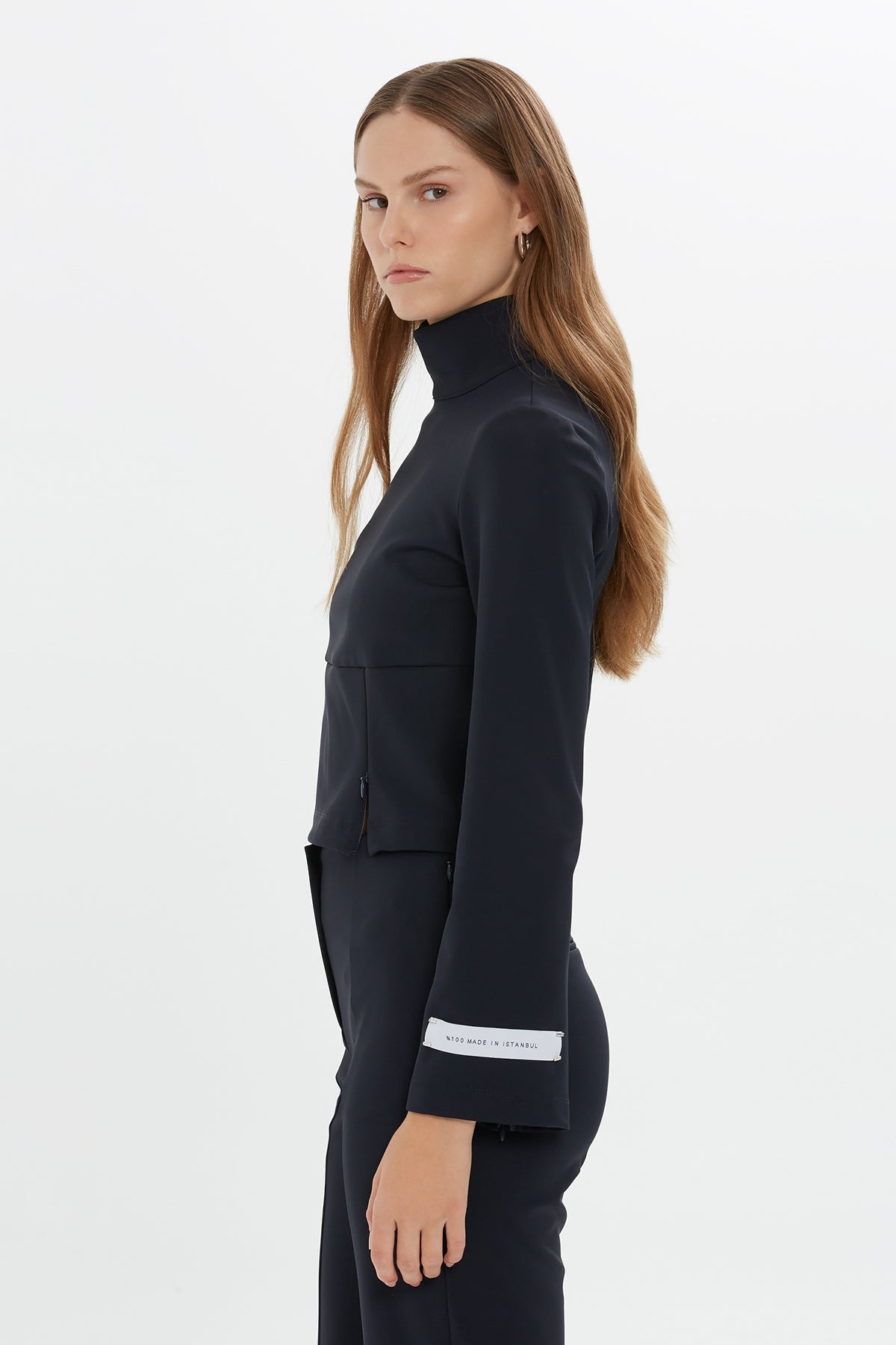 Navy Asymmetric High-Neck Crop Top