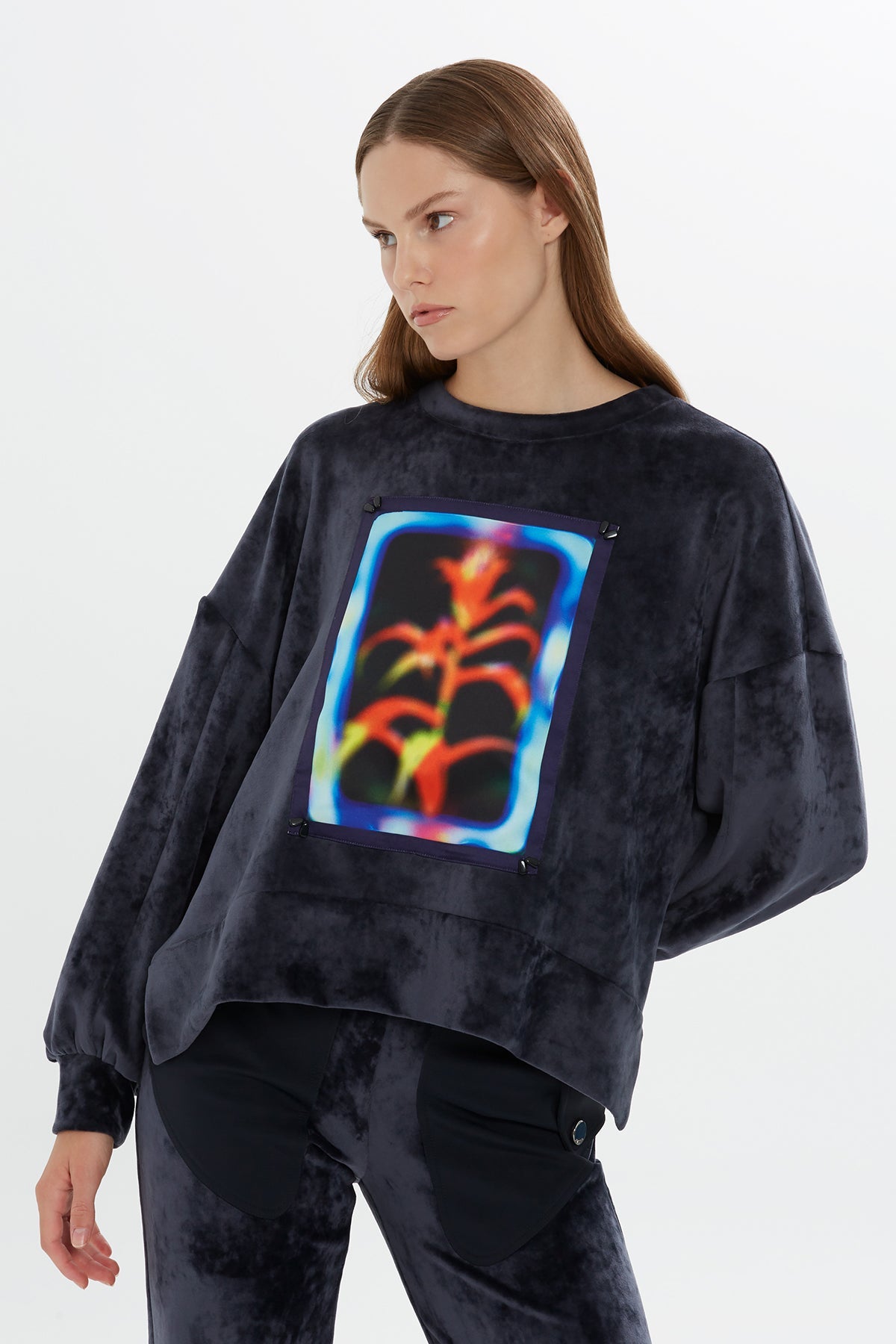 Navy Printed Velvet Sweatshirt