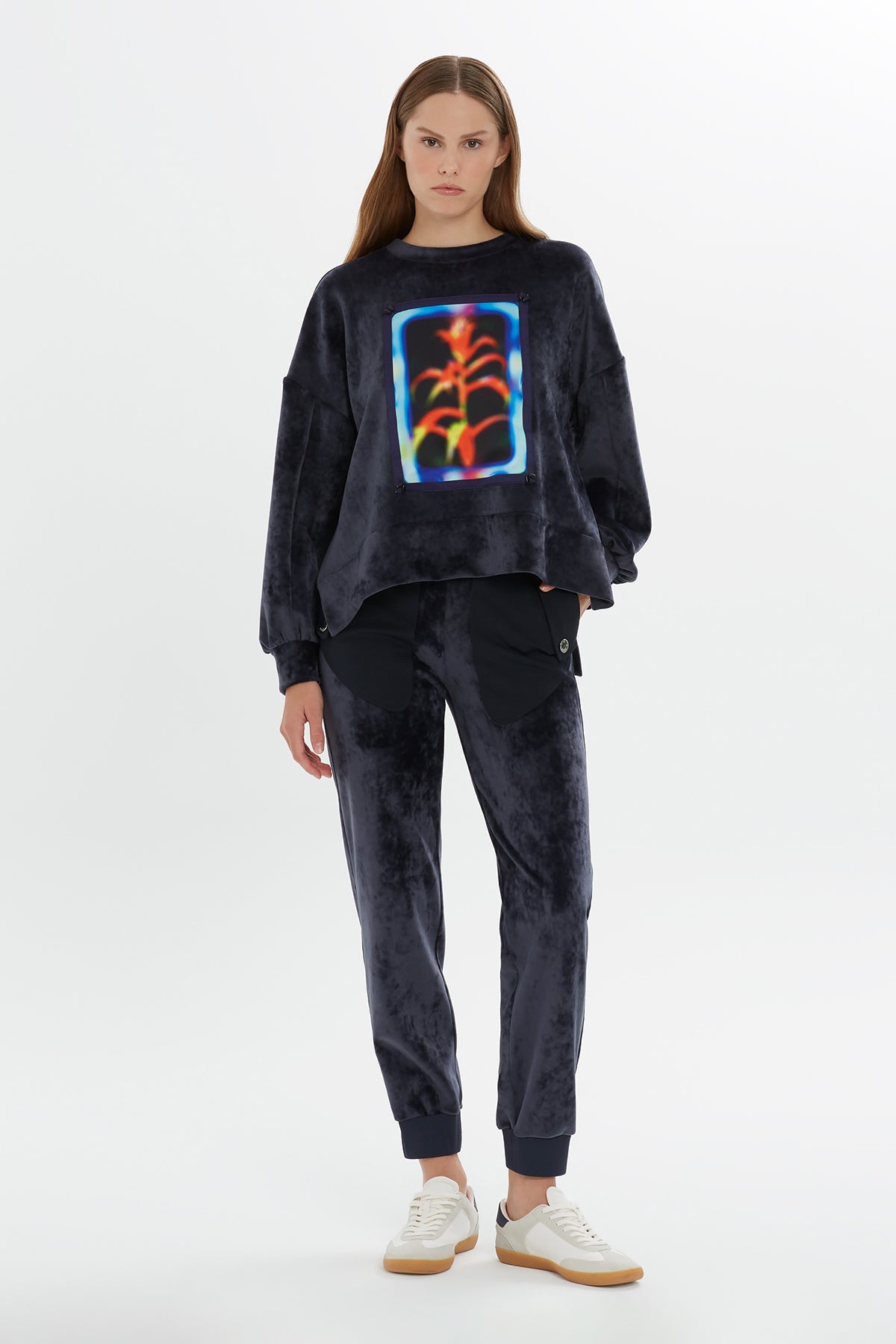 Navy Printed Velvet Sweatshirt