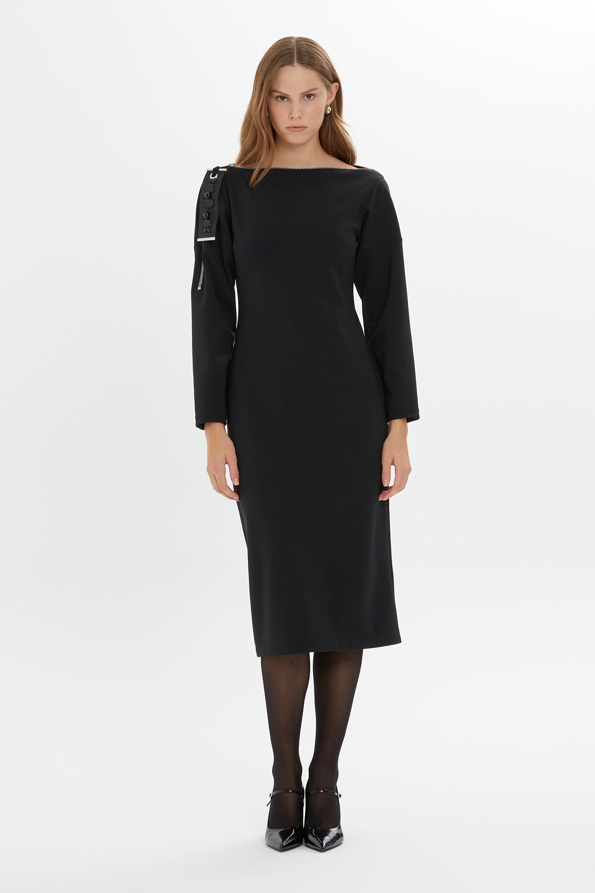 Black Zip-Detail Midi Dress