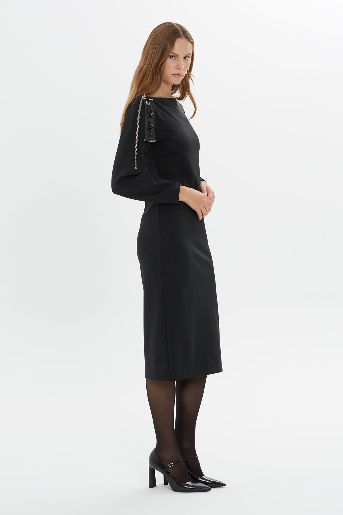 Black Zip-Detail Midi Dress