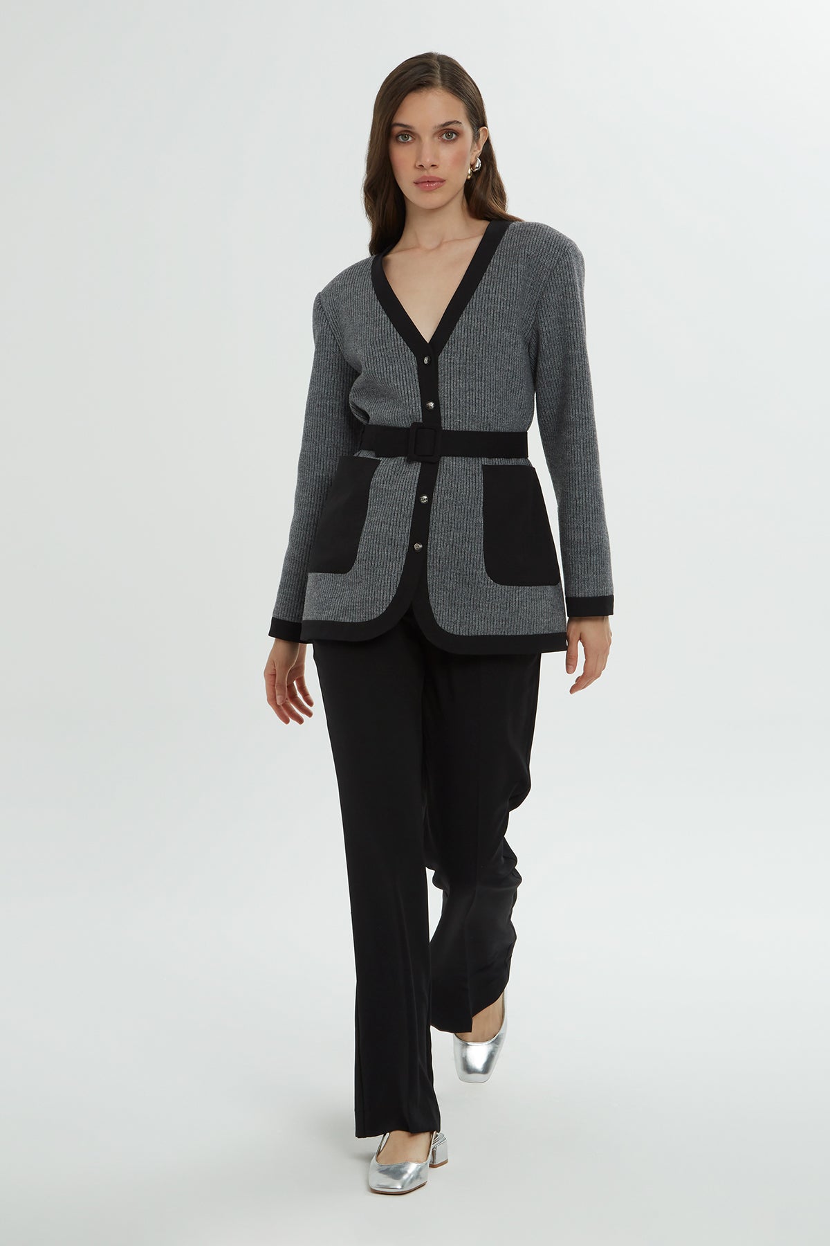 Grey Belted Cardigan Set