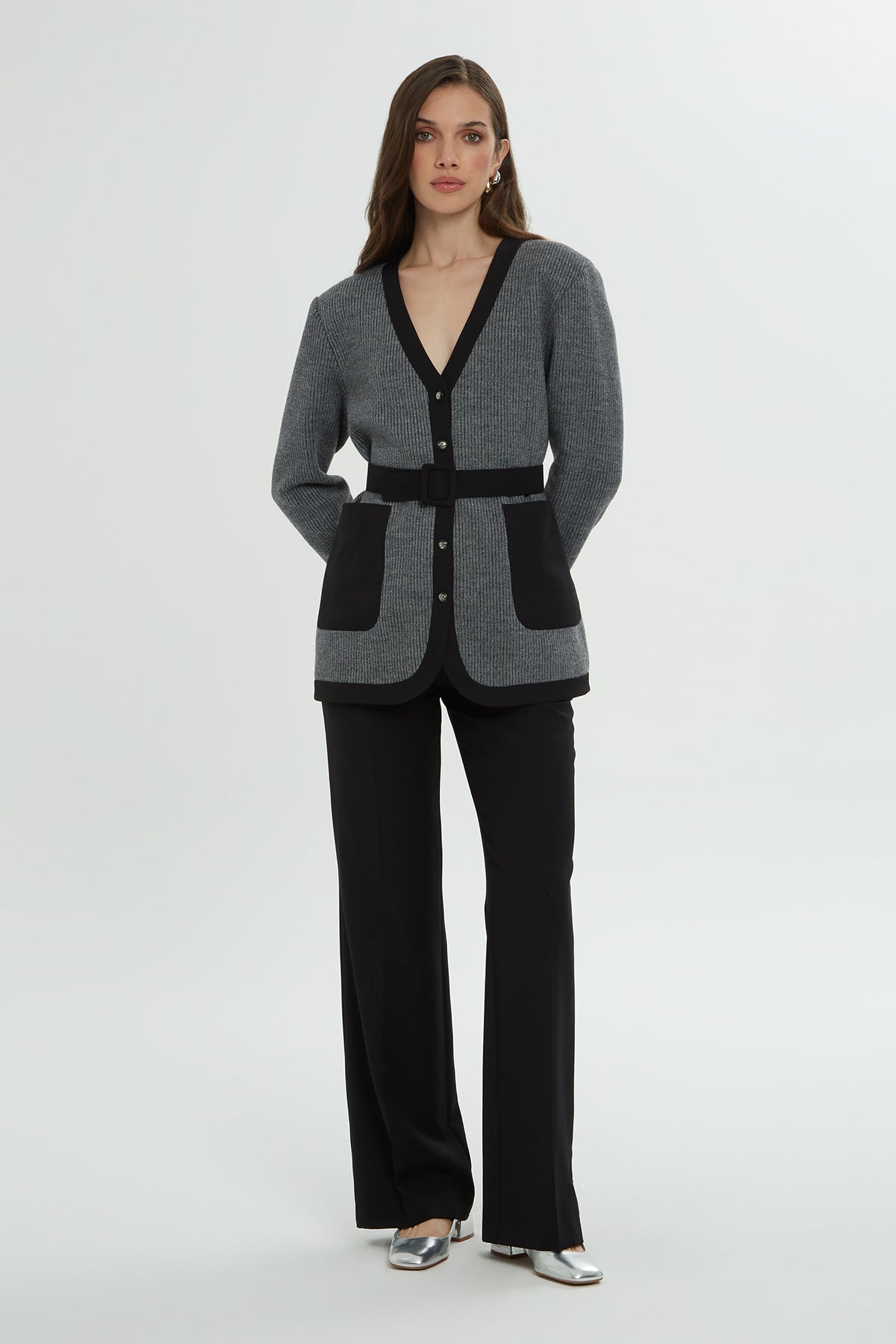 Grey Belted Cardigan Set