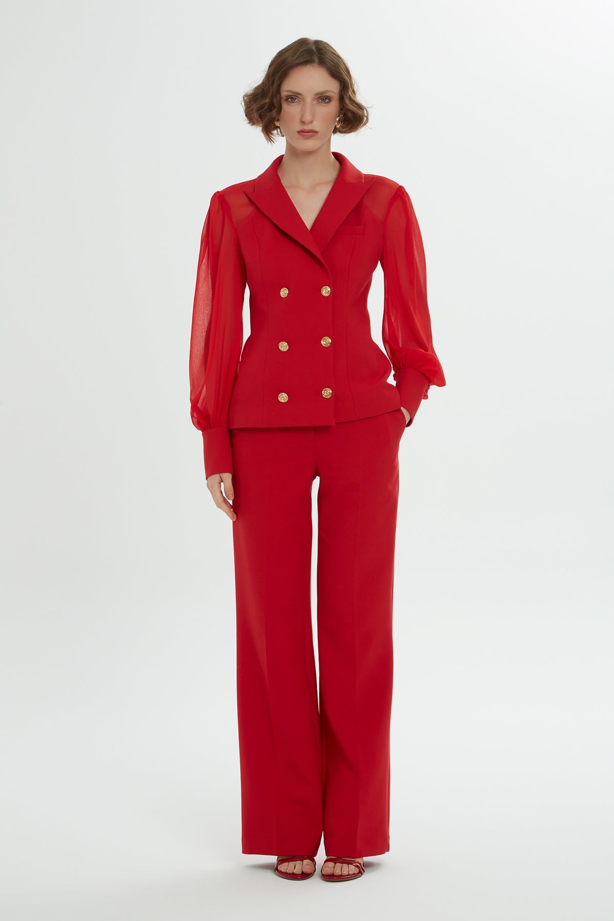 Red Chiffon-Sleeve Co-Ord Set