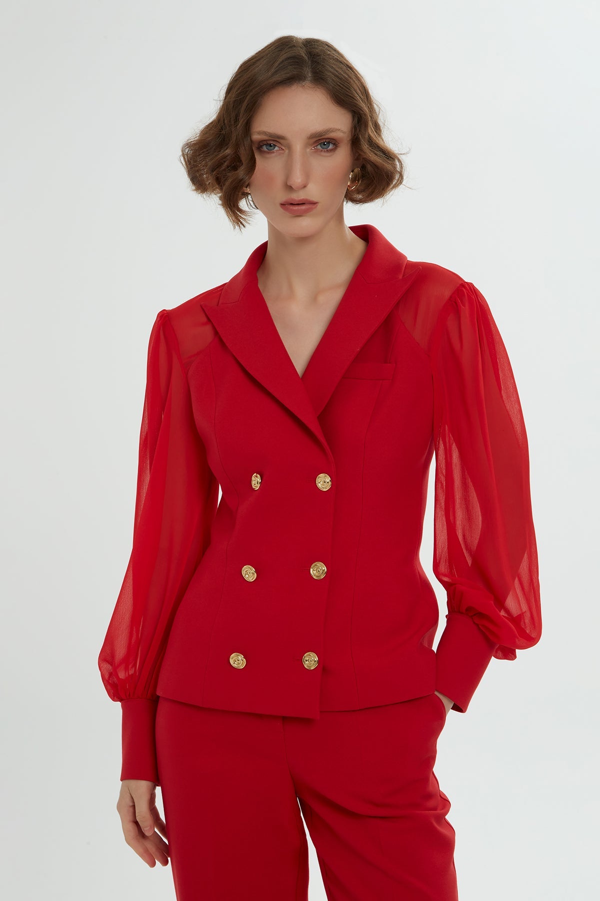 Red Chiffon-Sleeve Co-Ord Set