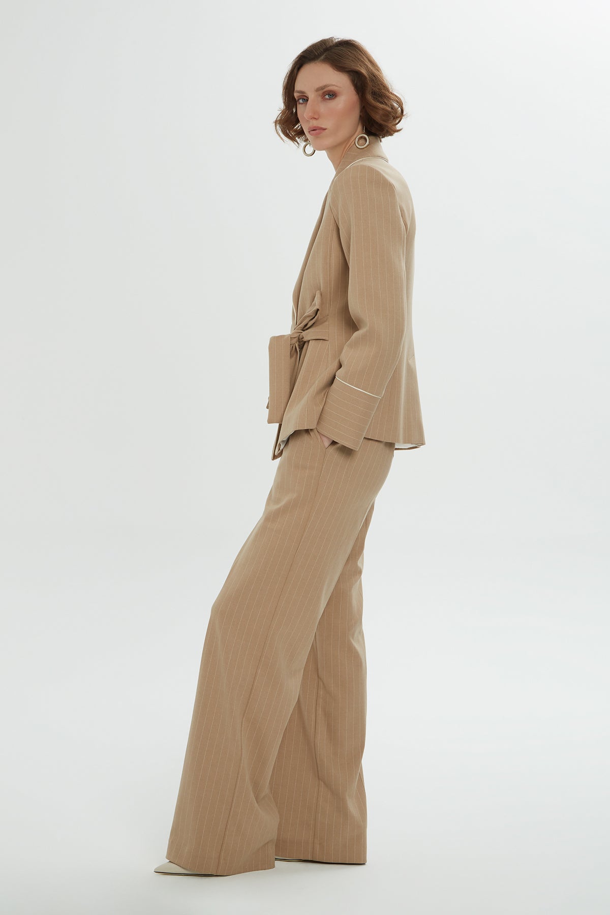 Brown Lace-Up Detail Striped Co-Ord Set