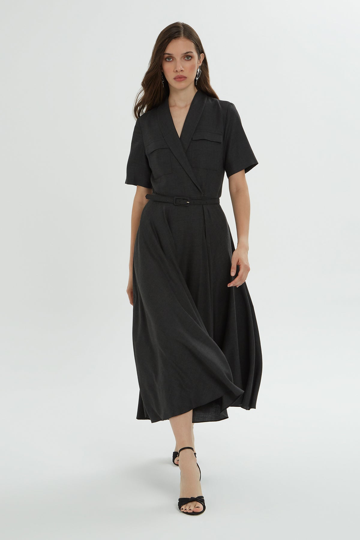 Grey Midi Dress with Belt