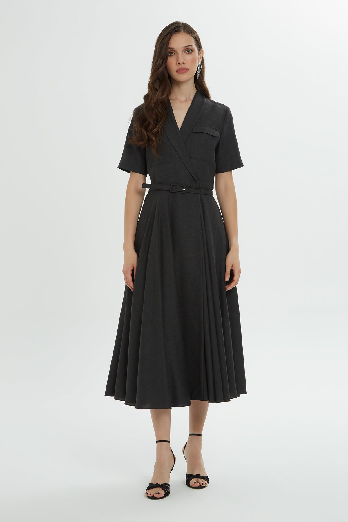 Grey Midi Dress with Belt