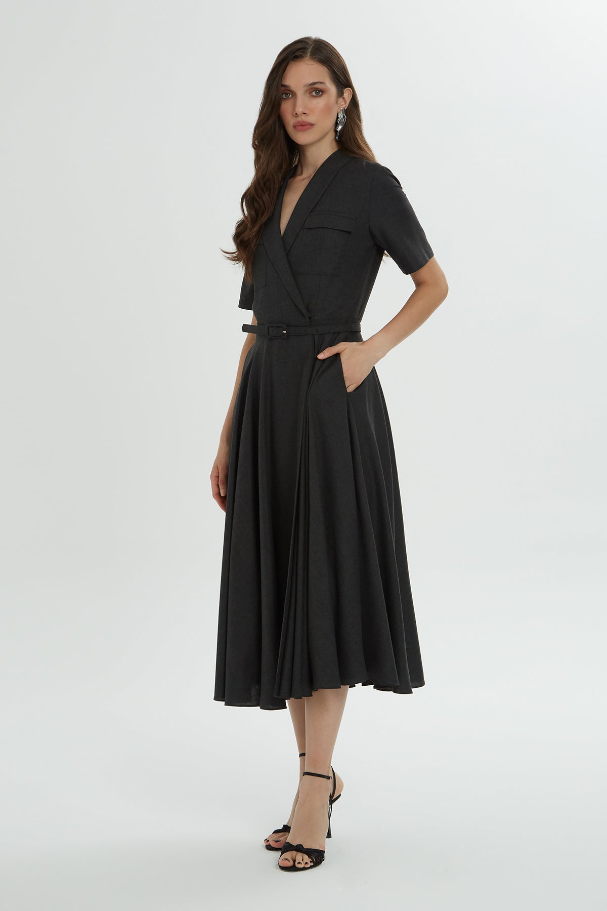 Grey Midi Dress with Belt