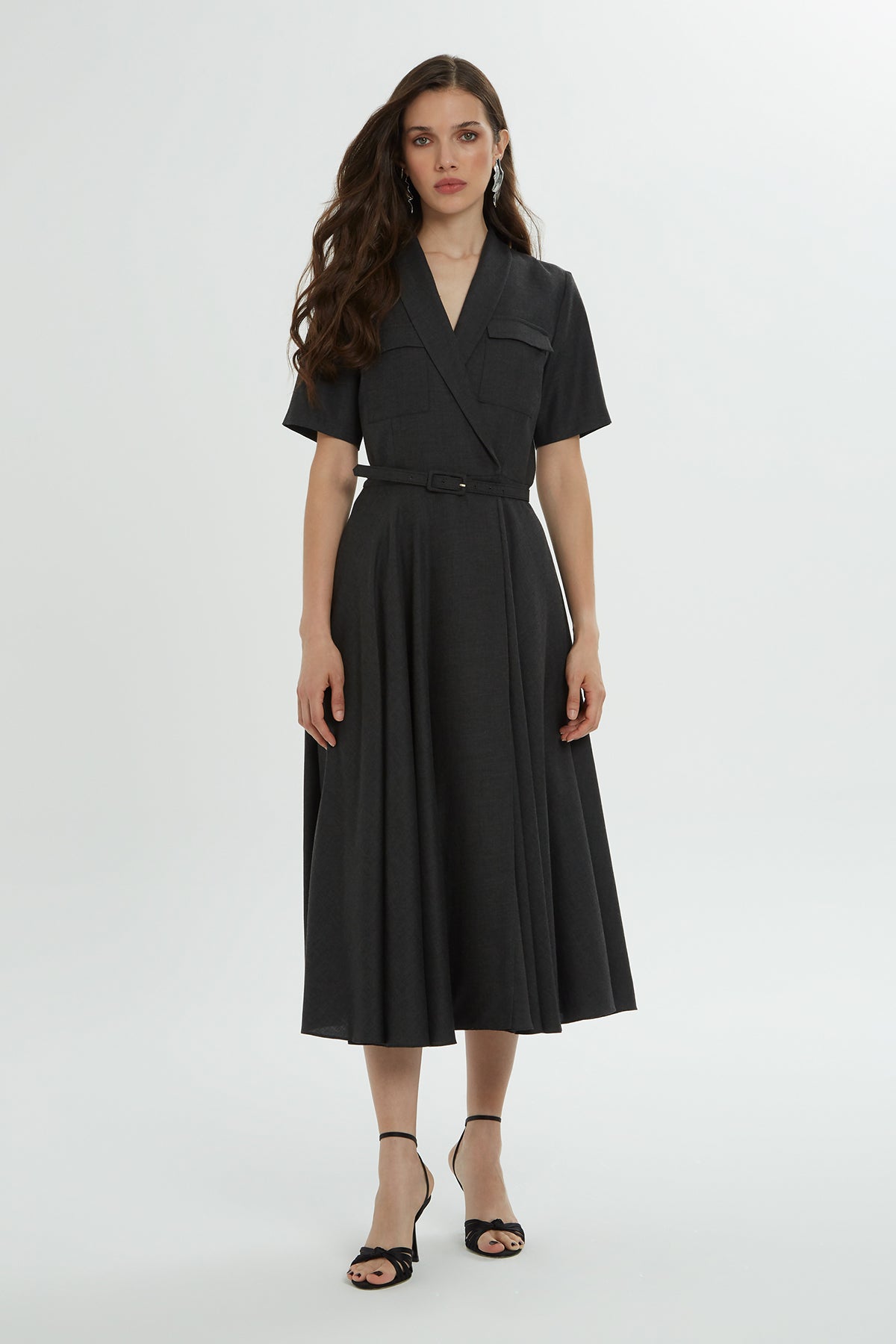 Grey Midi Dress with Belt