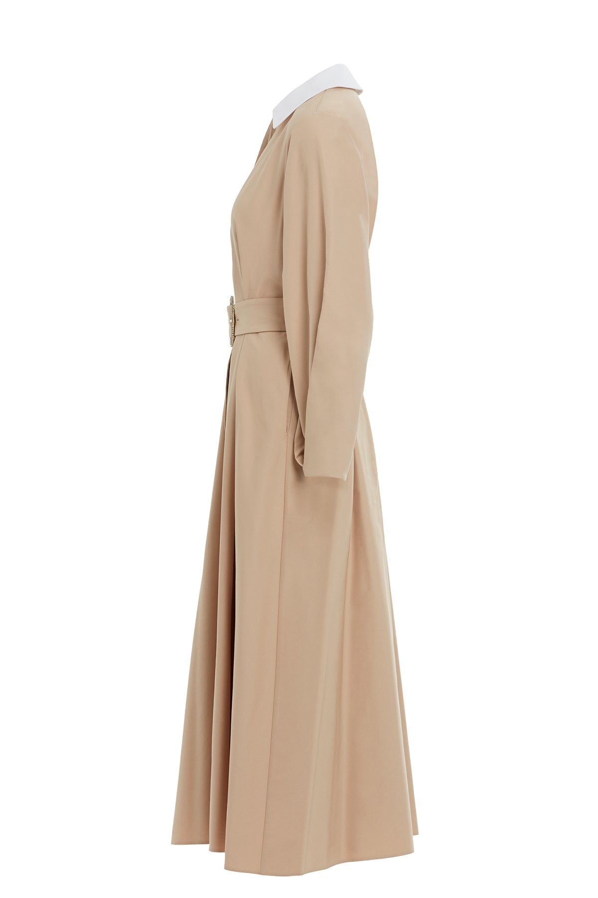 Beige Belted Long-Sleeve Maxi Dress