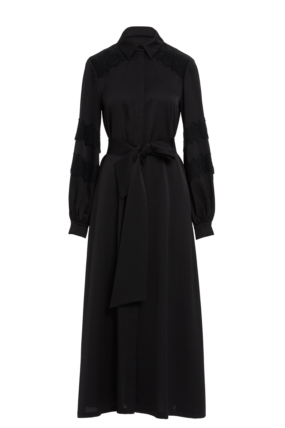 Black Lace Sash-Detail Midi Dress