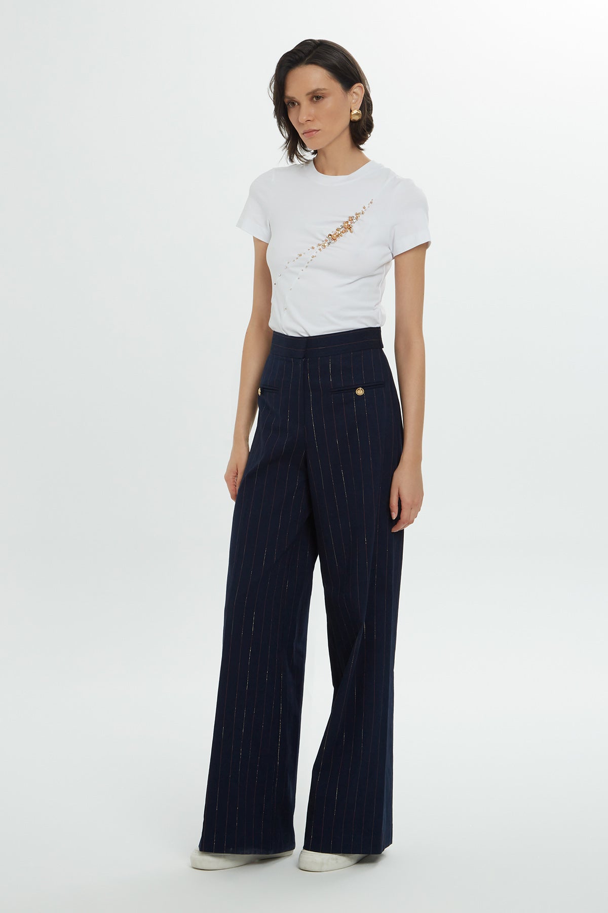 Navy Striped High-Waisted Pants