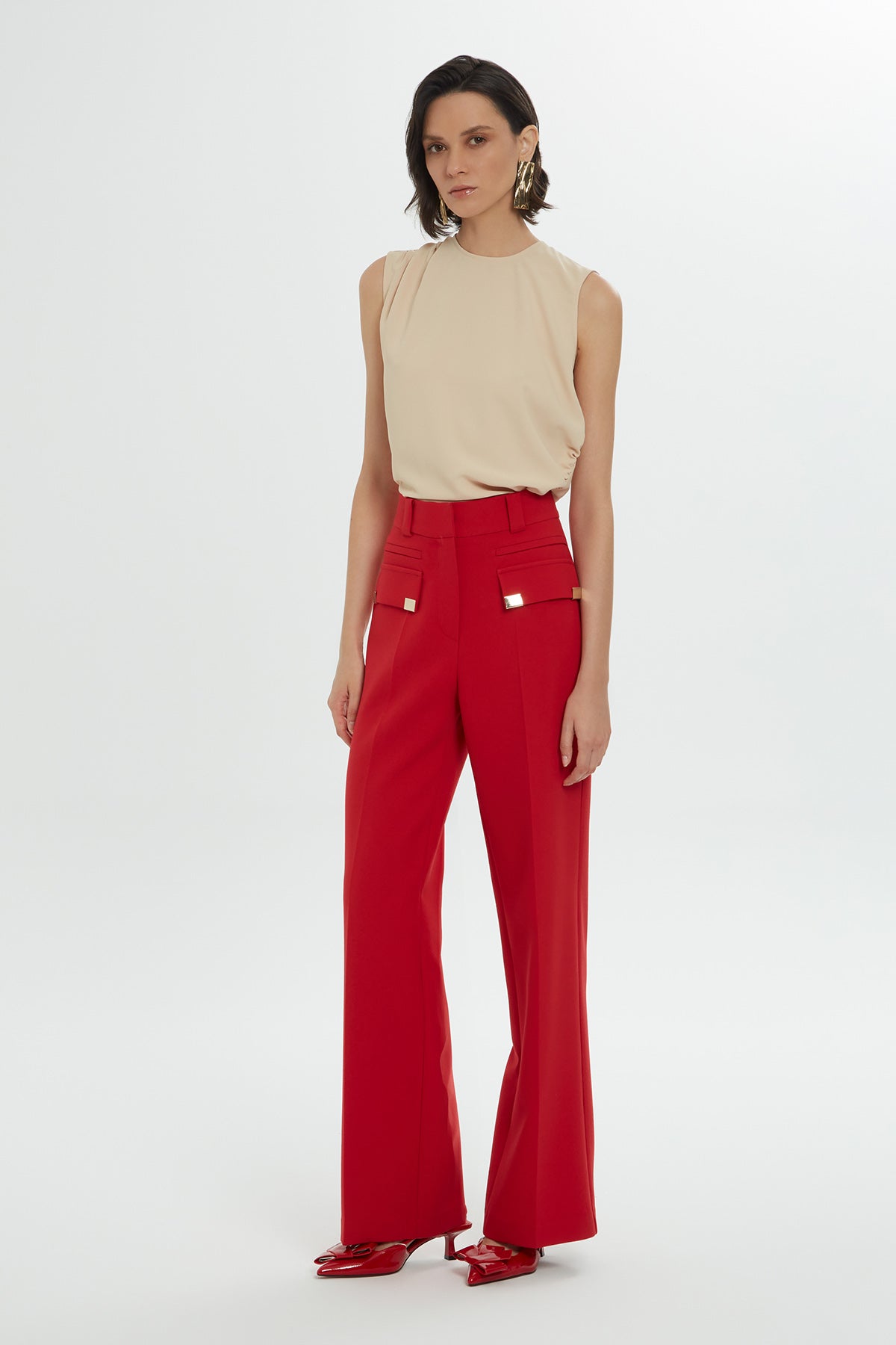 Red Wide-Leg Pocket Detail Pants