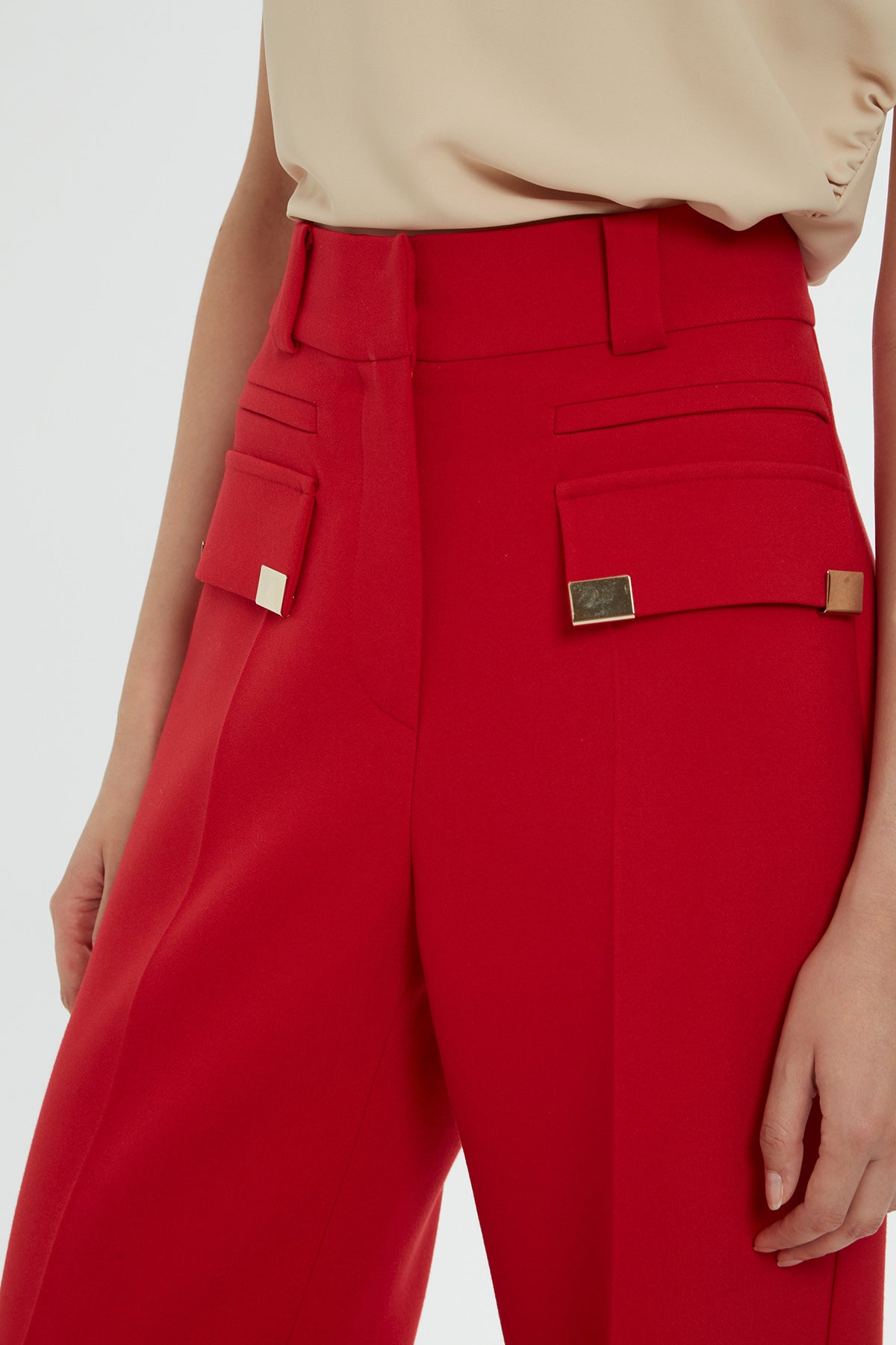 Red Wide-Leg Pocket Detail Pants