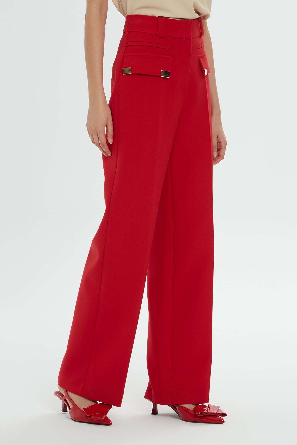 Red Wide-Leg Pocket Detail Pants
