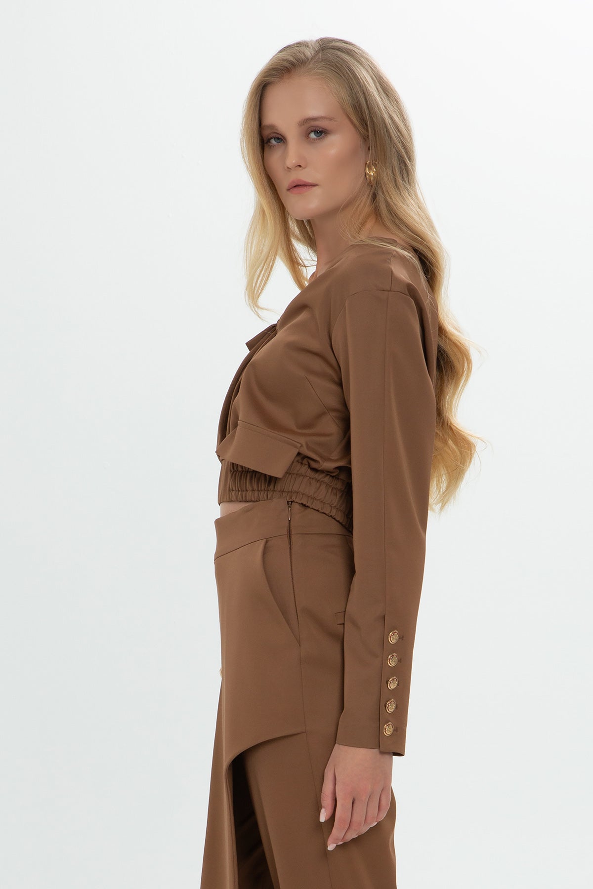 Brown Zip-Up Button Detail Cropped Jacket