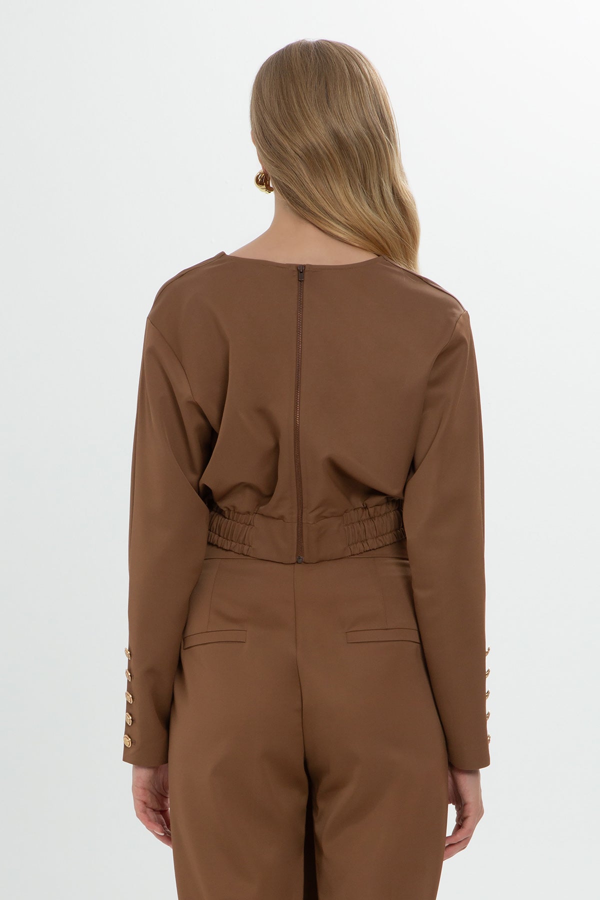 Brown Zip-Up Button Detail Cropped Jacket