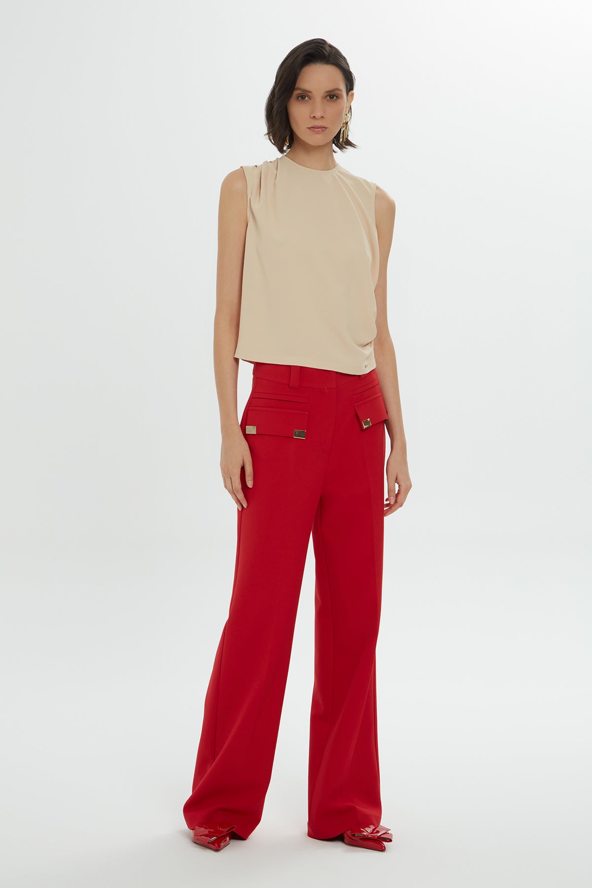 Beige Short-Sleeve Zip-Back Draped Blouse