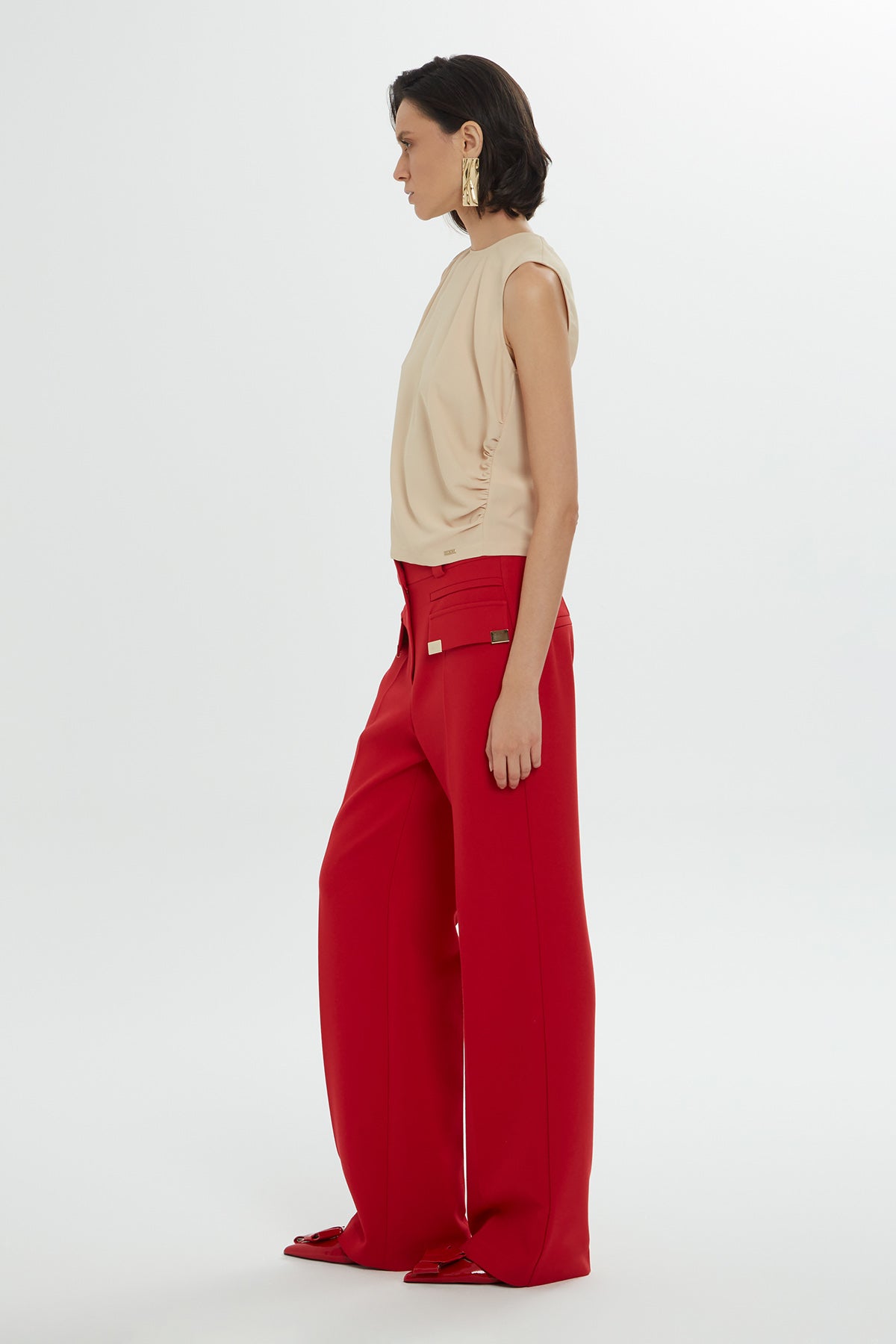 Beige Short-Sleeve Zip-Back Draped Blouse