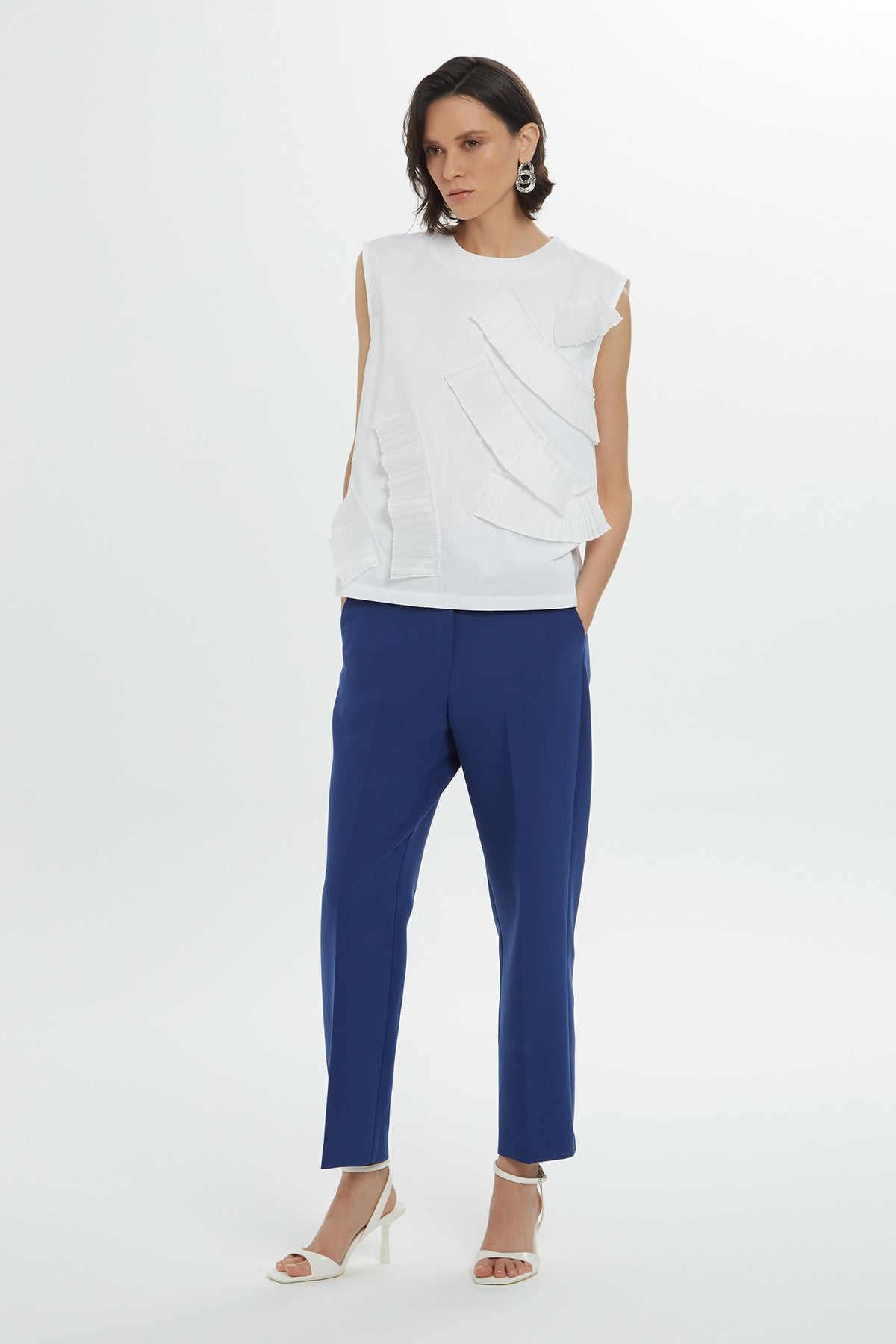 White Pleated Panel Sleeveless Blouse