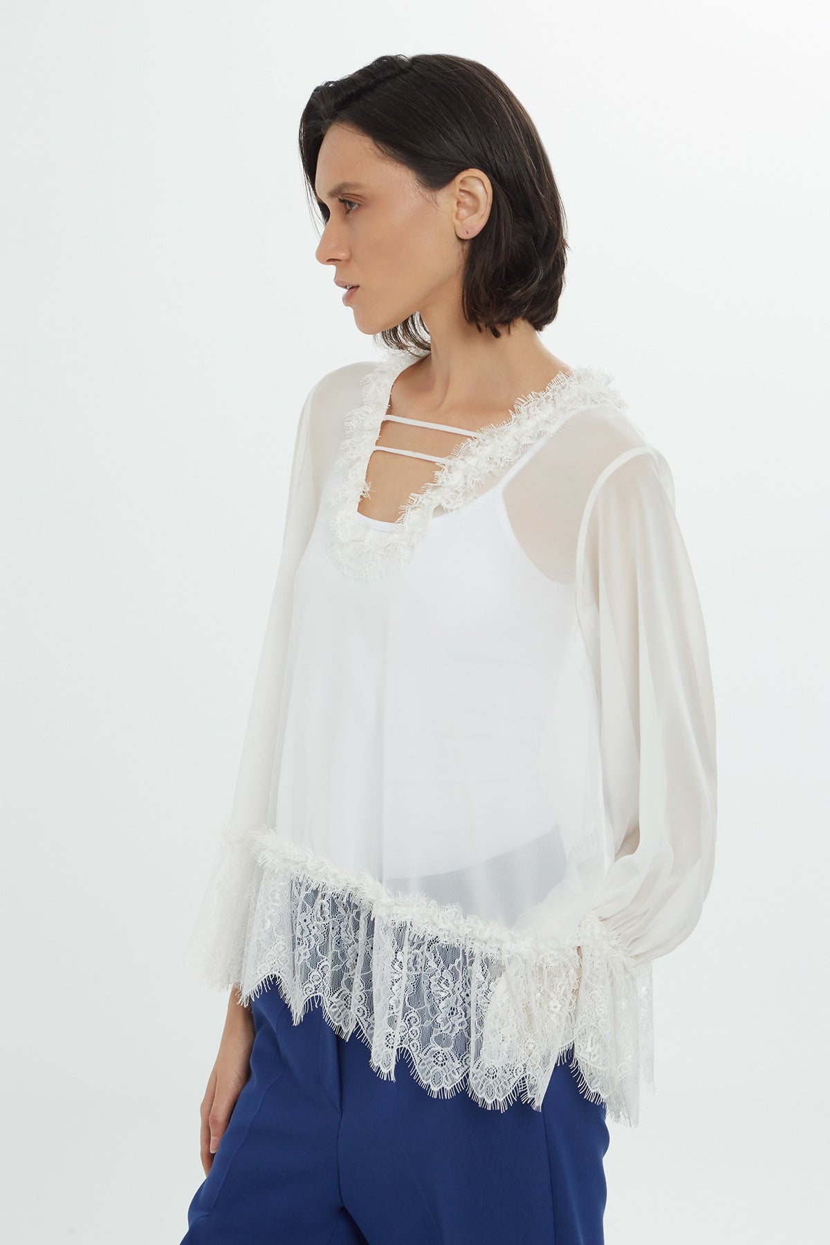 Ecru Lace Detail Chiffon Blouse