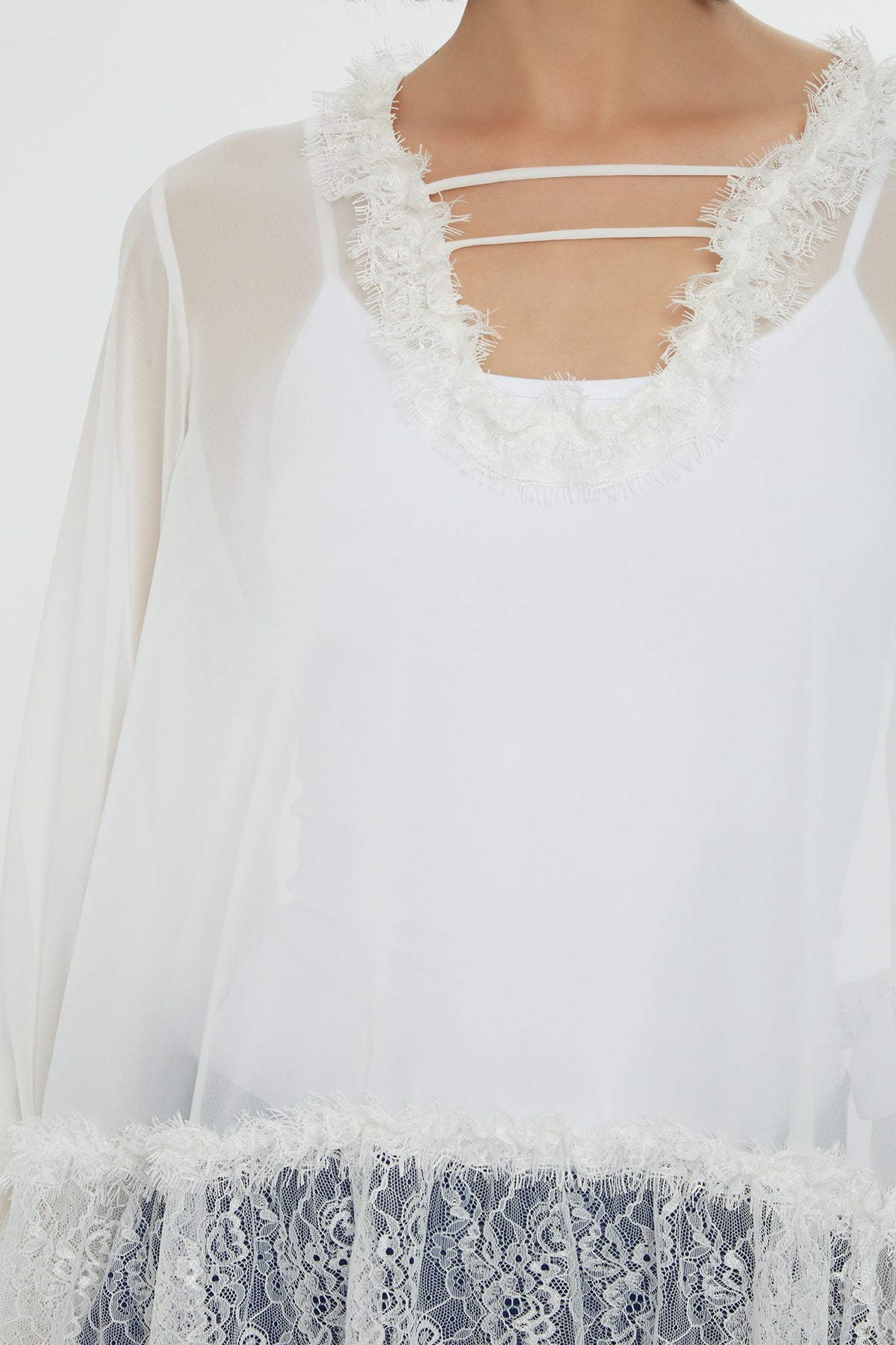 Ecru Lace Detail Chiffon Blouse